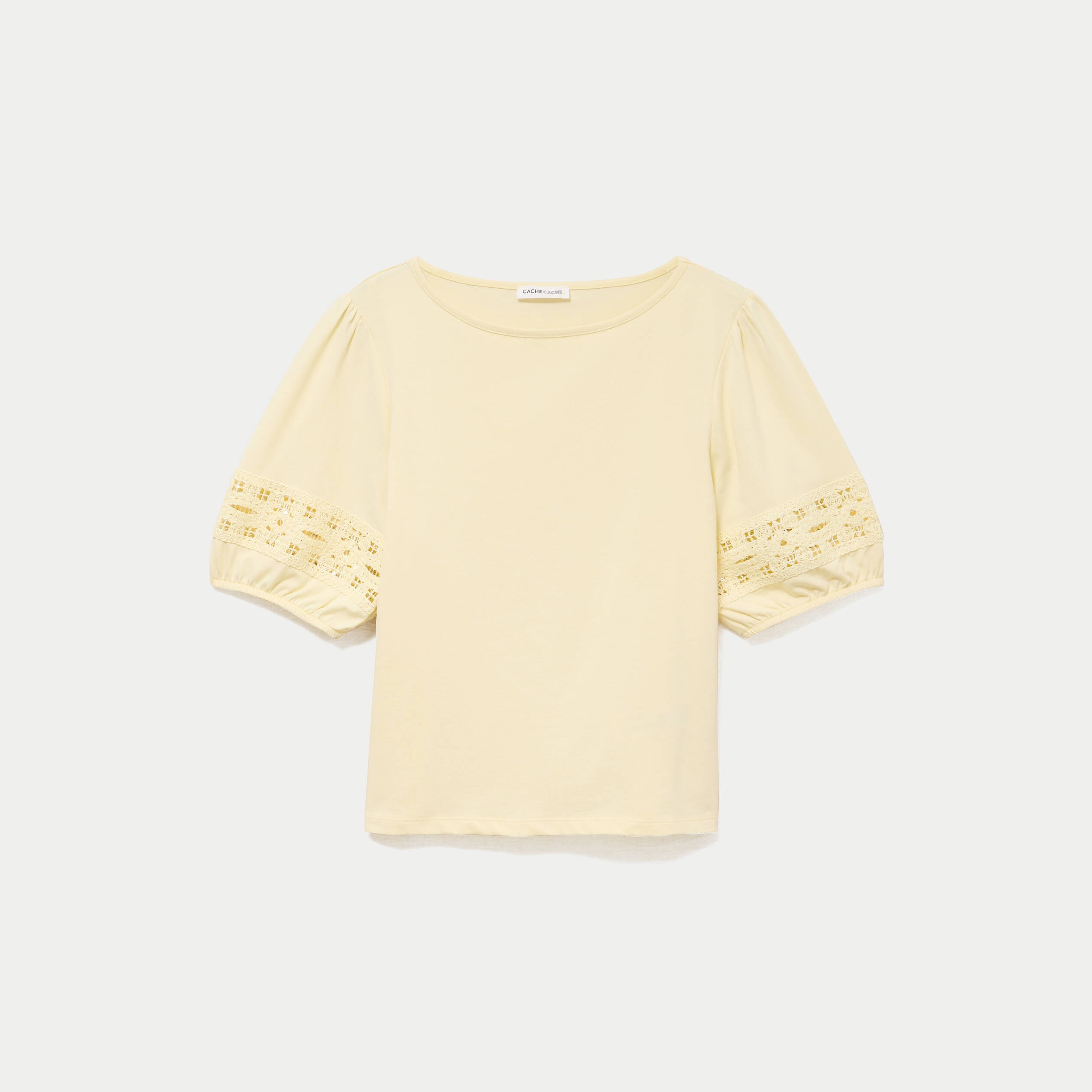 T-shirt col rond manches courtes jaune pastel femme
