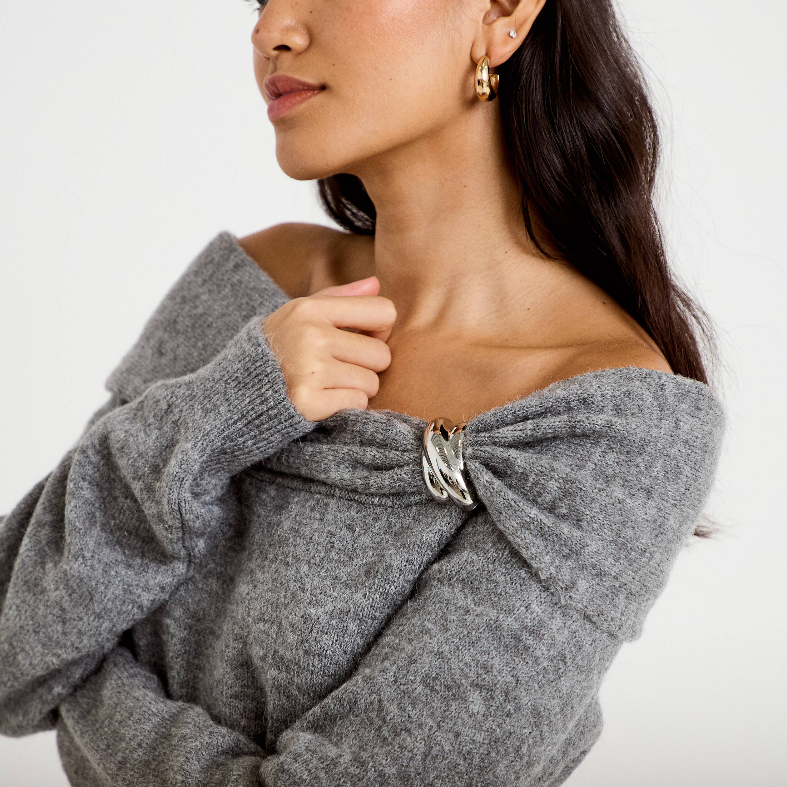Pull col bardot manches longues gris femme