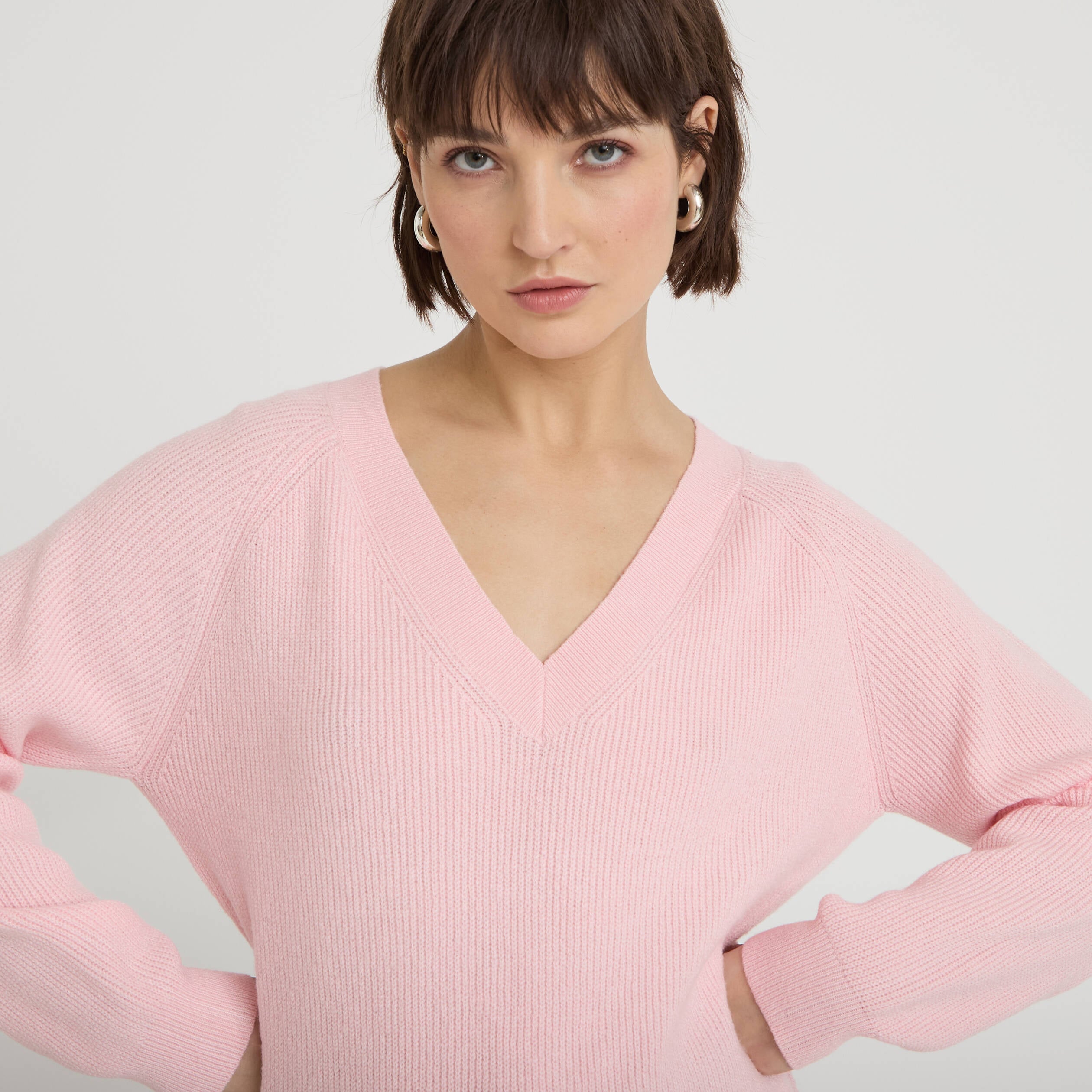 Pull fin col v rose clair femme