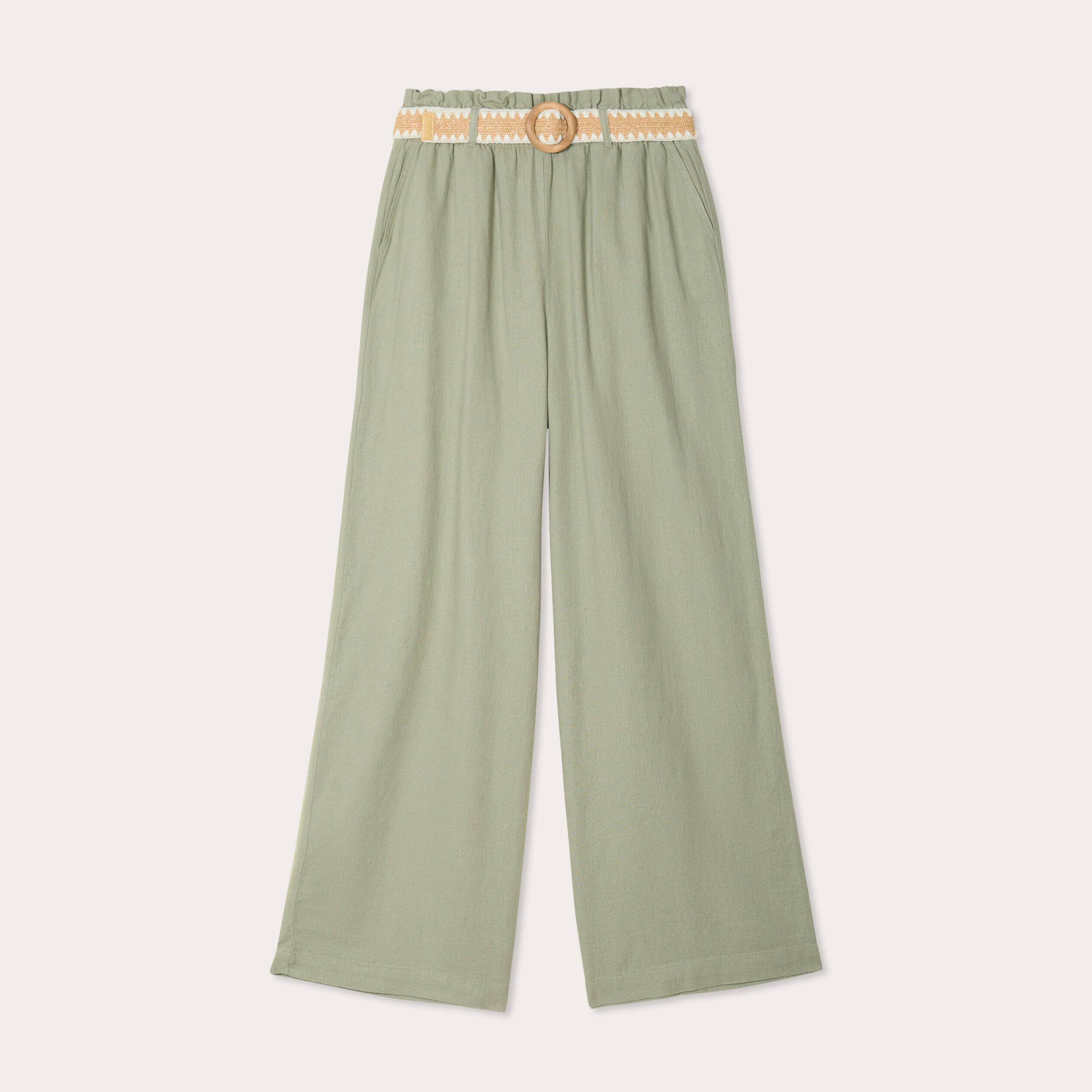 Pantalon large ceintur&eacute; contenant du lin vert kaki femme