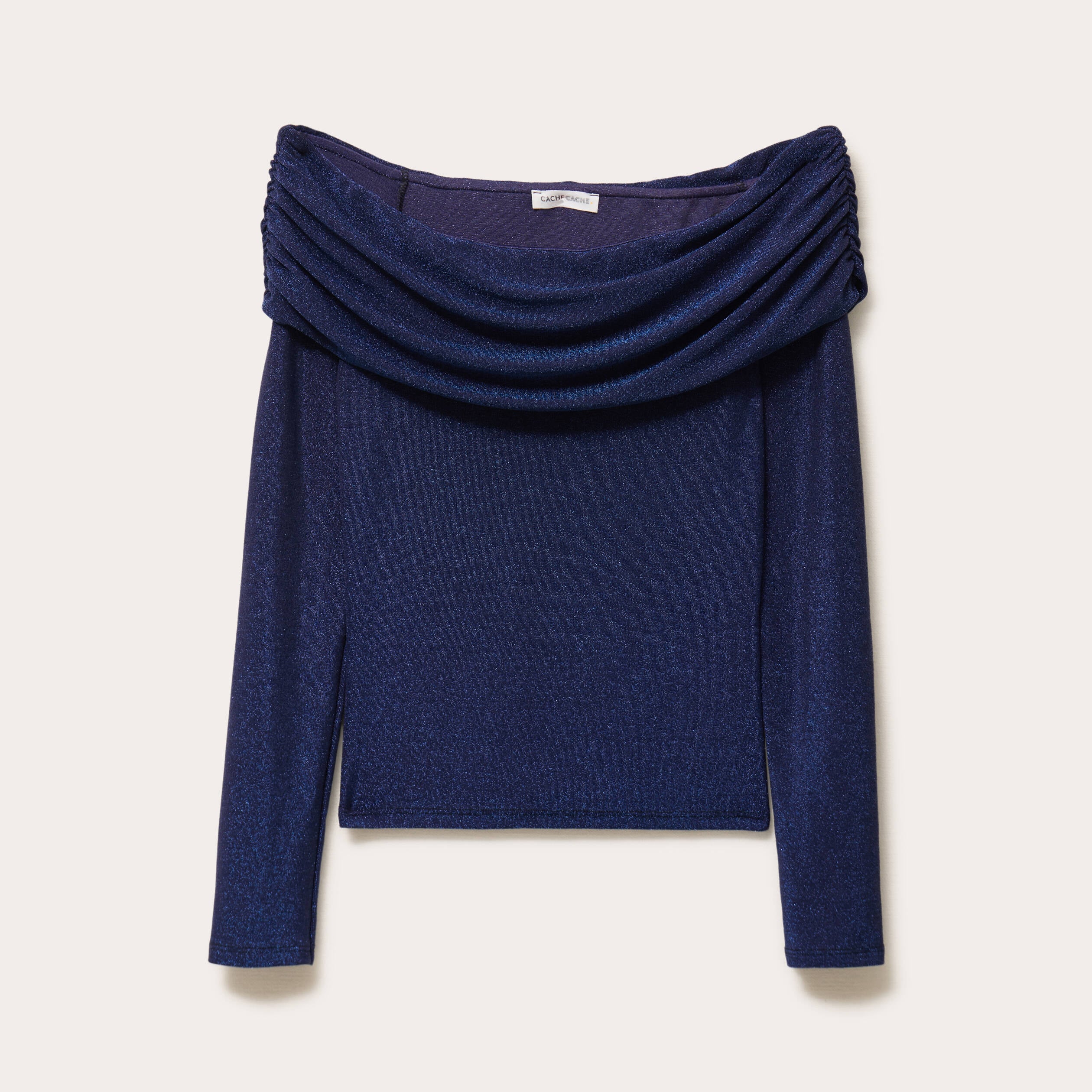T-shirt col bardot brillant bleu fonc&eacute; femme