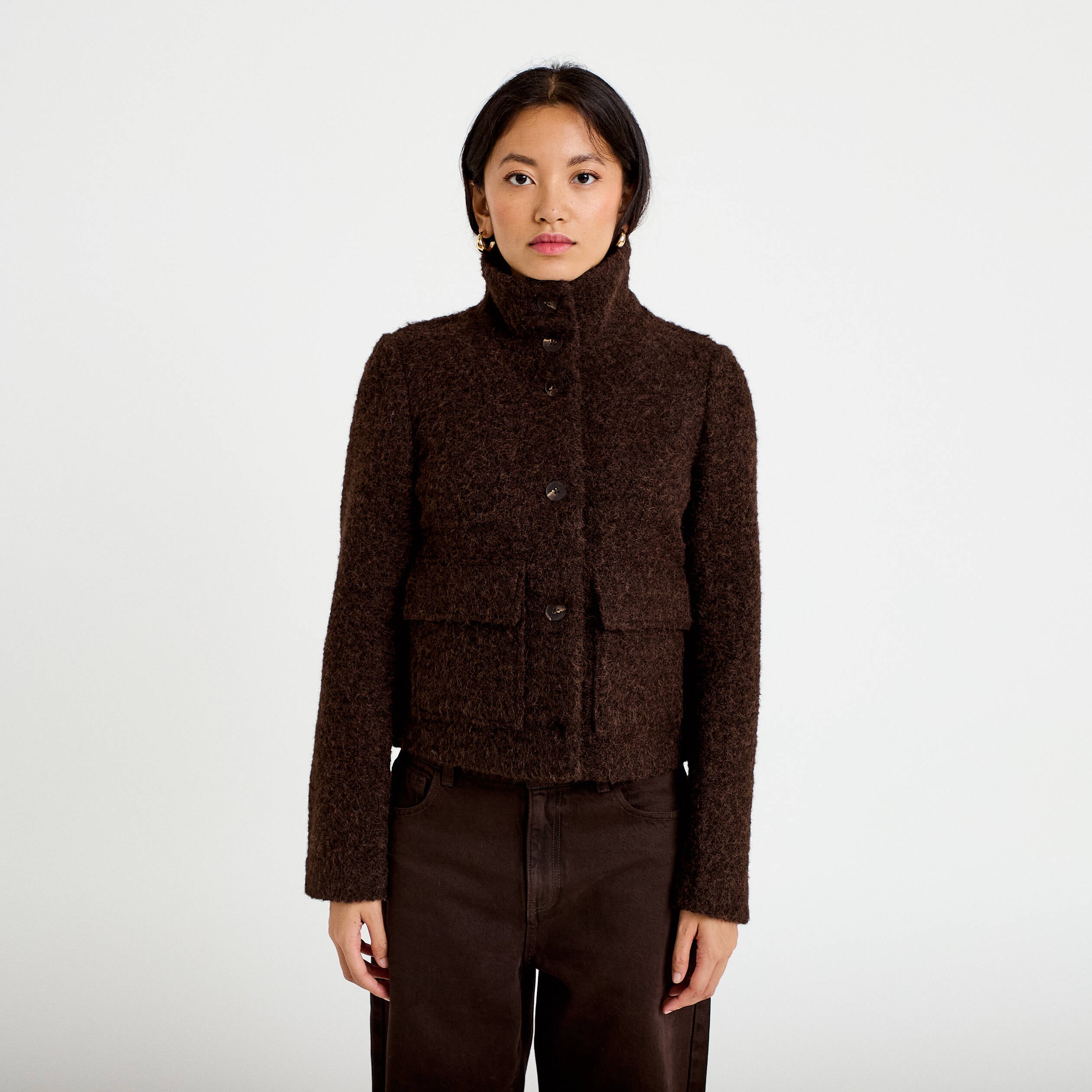 Veste droite bouclette col montant marron fonc&eacute; femme