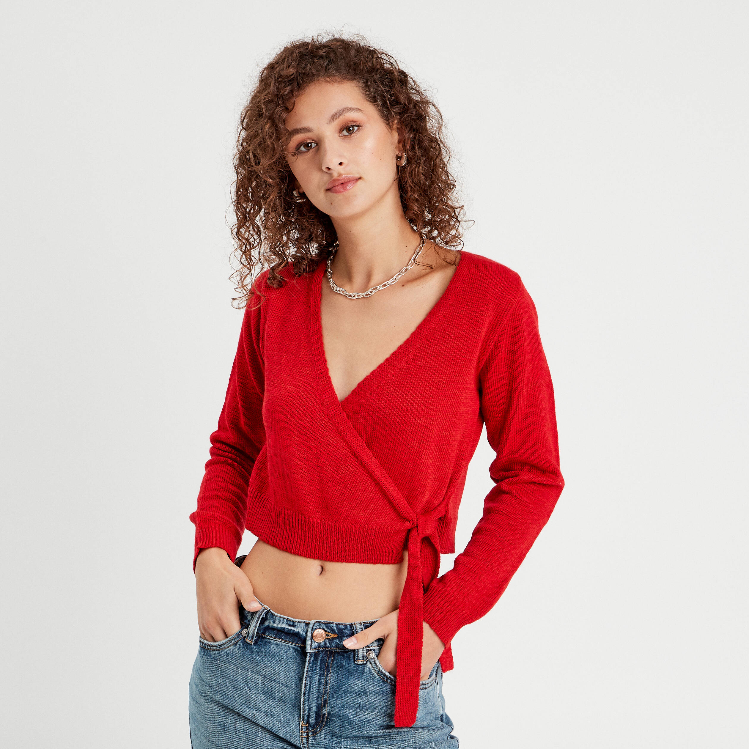 Gilet col cache-coeur noué rouge femme Vibs