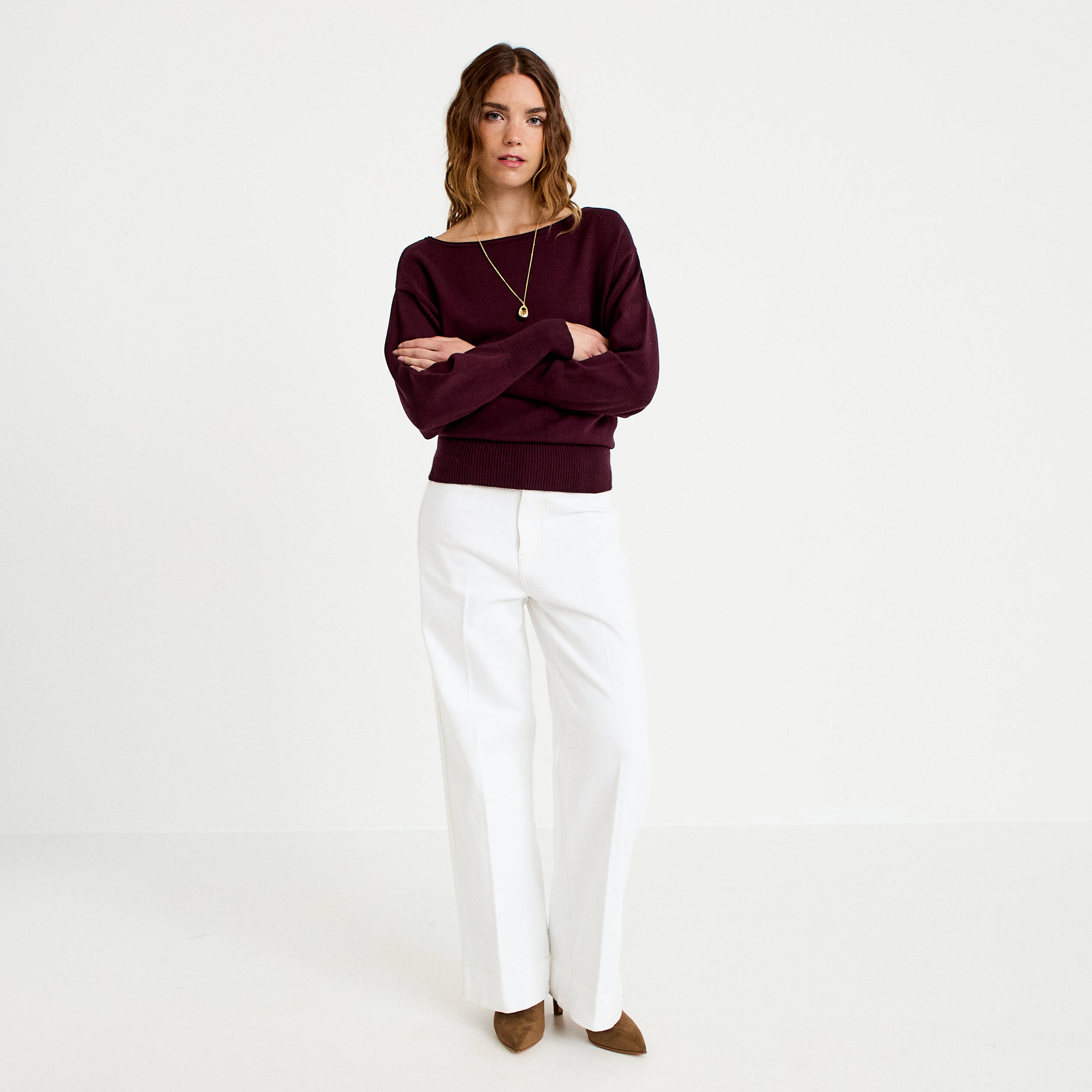 Pull oversize col bateau manches longues prune femme