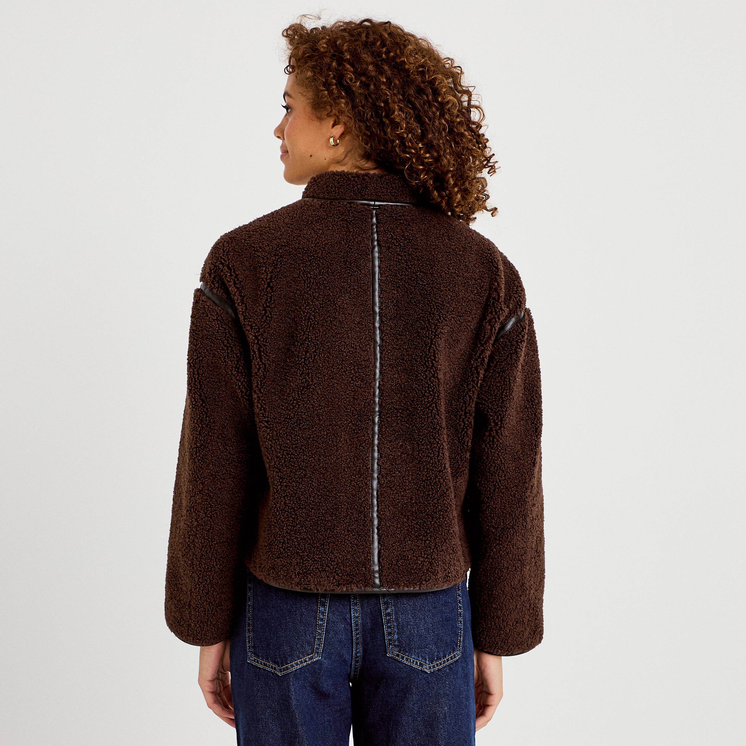 Veste effet polaire manches longues marron fonc&eacute; femme