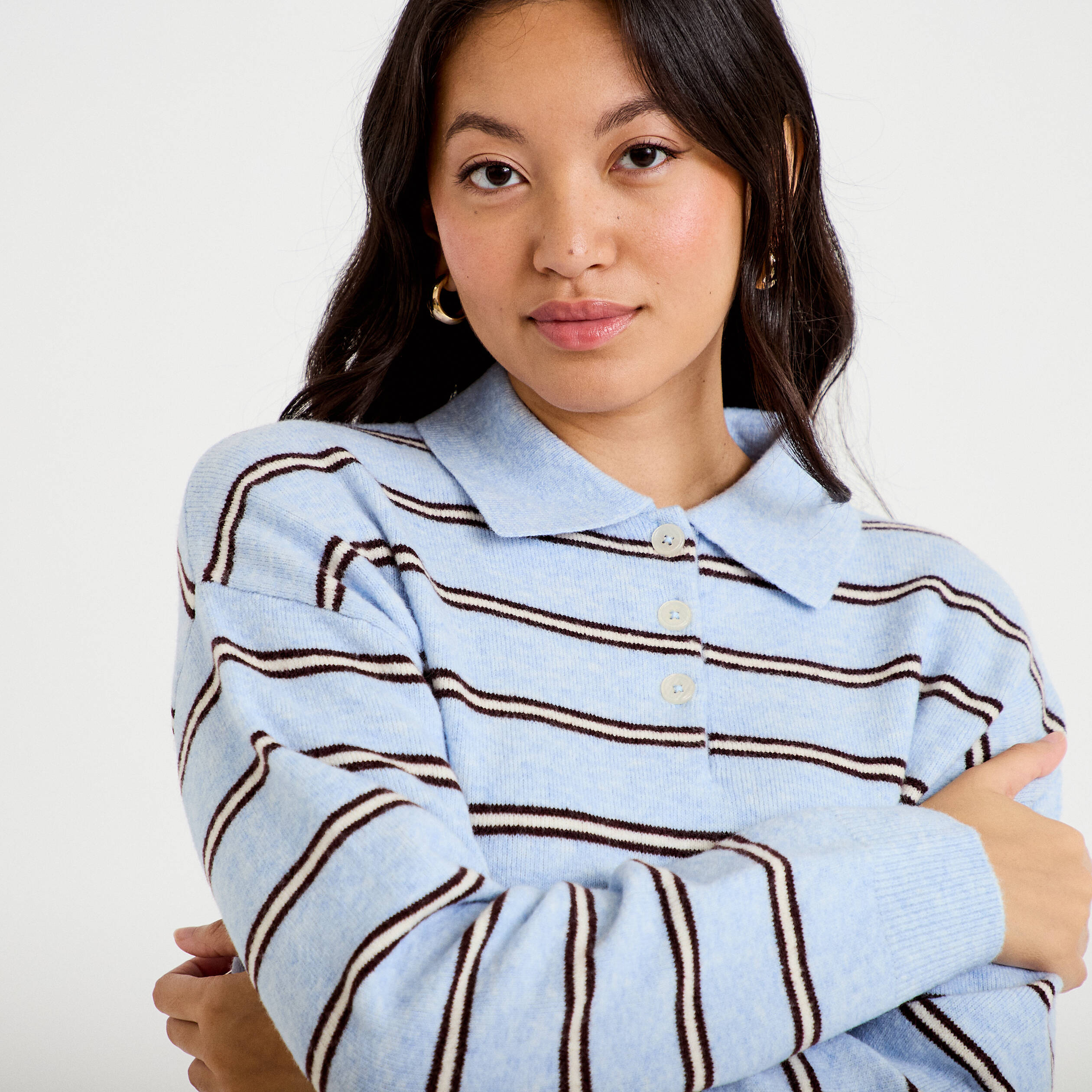 Polo manches longues col chemise bleu ciel femme