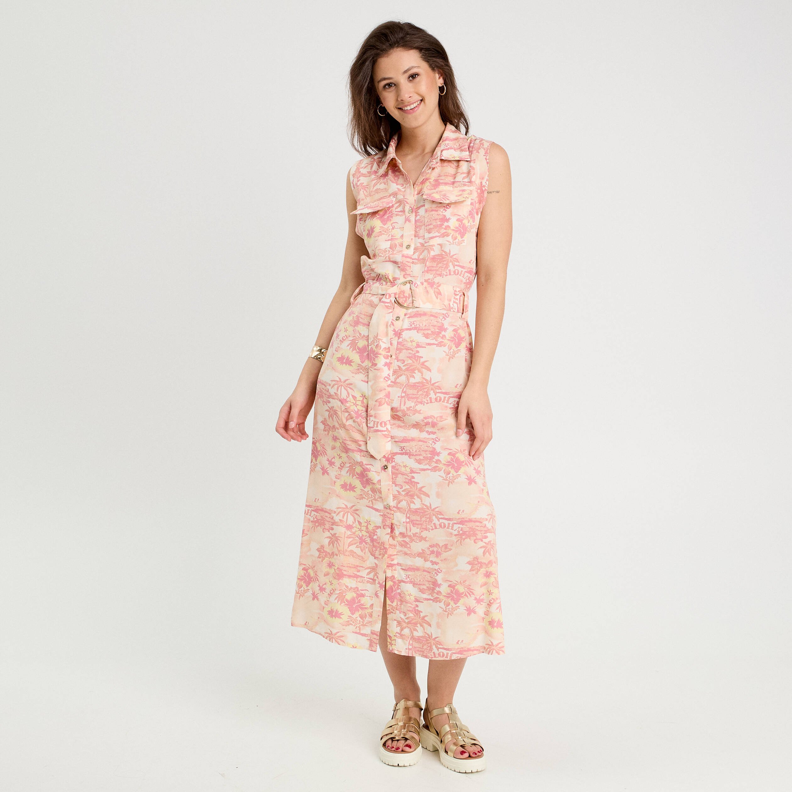 Robe chemise évasée beige femme