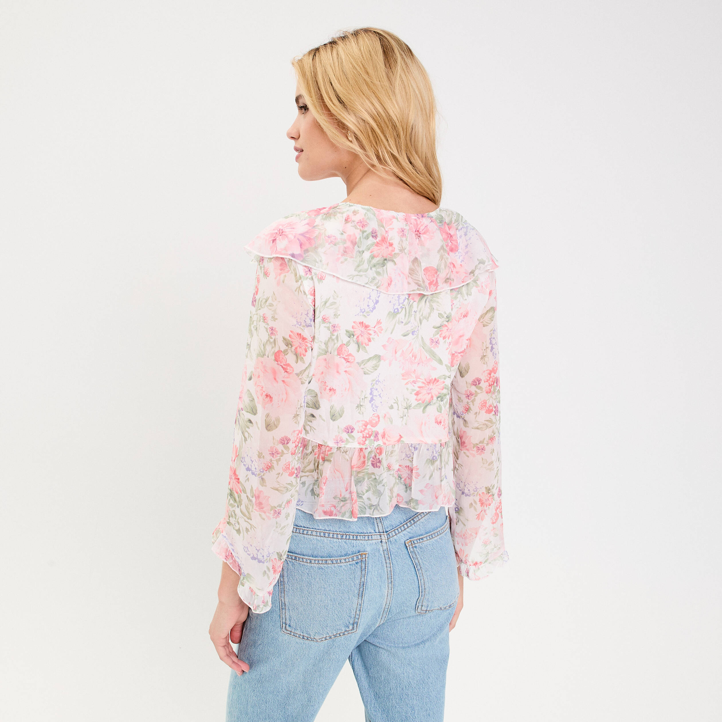 Blouse bi-mati&egrave;re oversize col v blanc femme