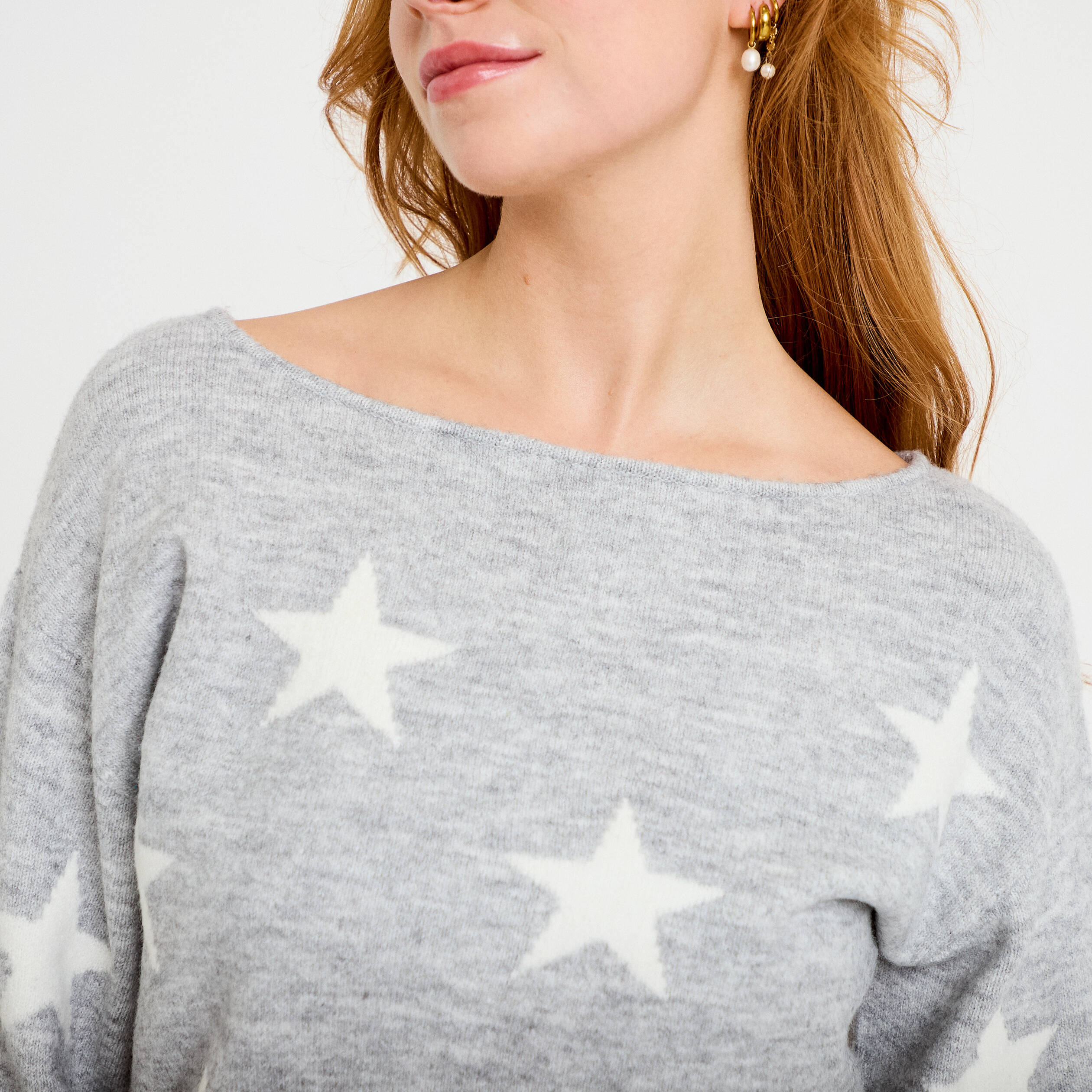 Pull col bateau manches longues gris clair femme