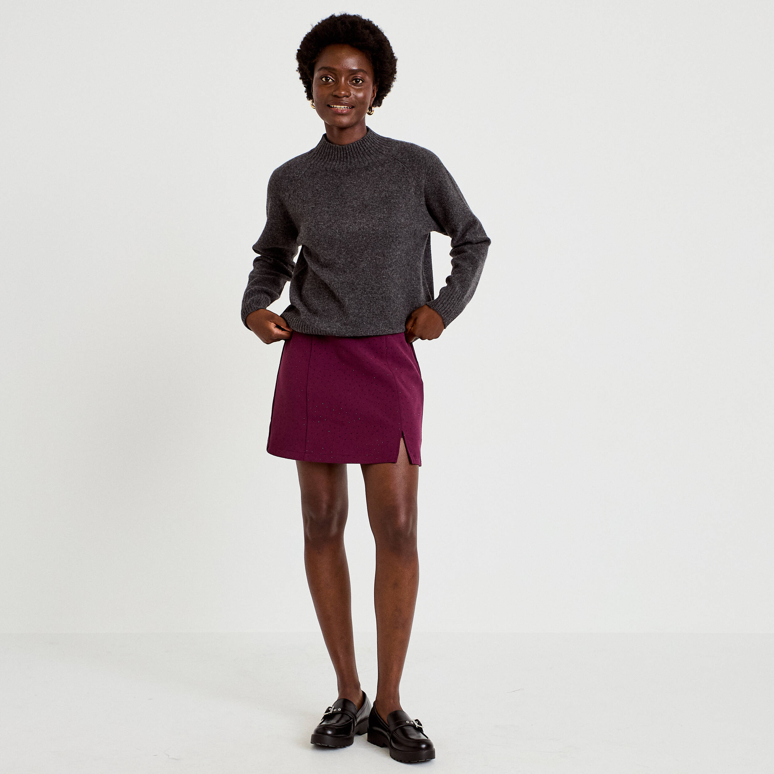 Pull col montant manches longues gris fonc&eacute; femme