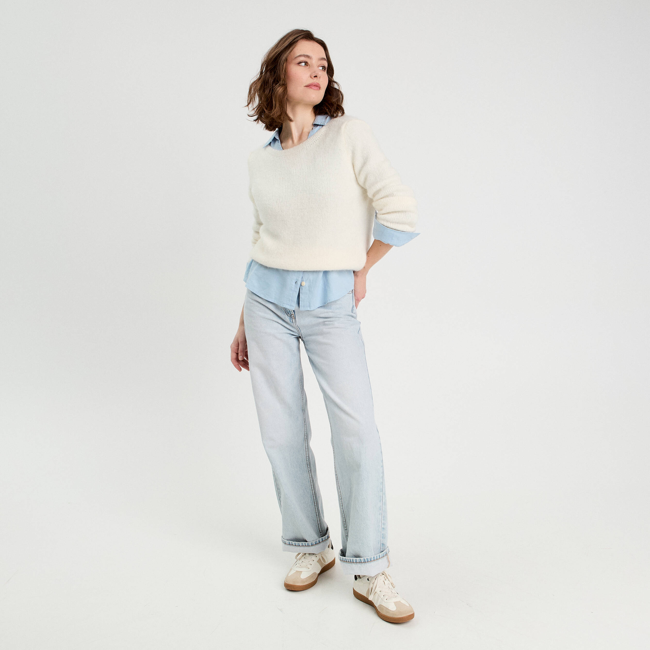Chemise manches longues contenant du lin bleu pastel femme
