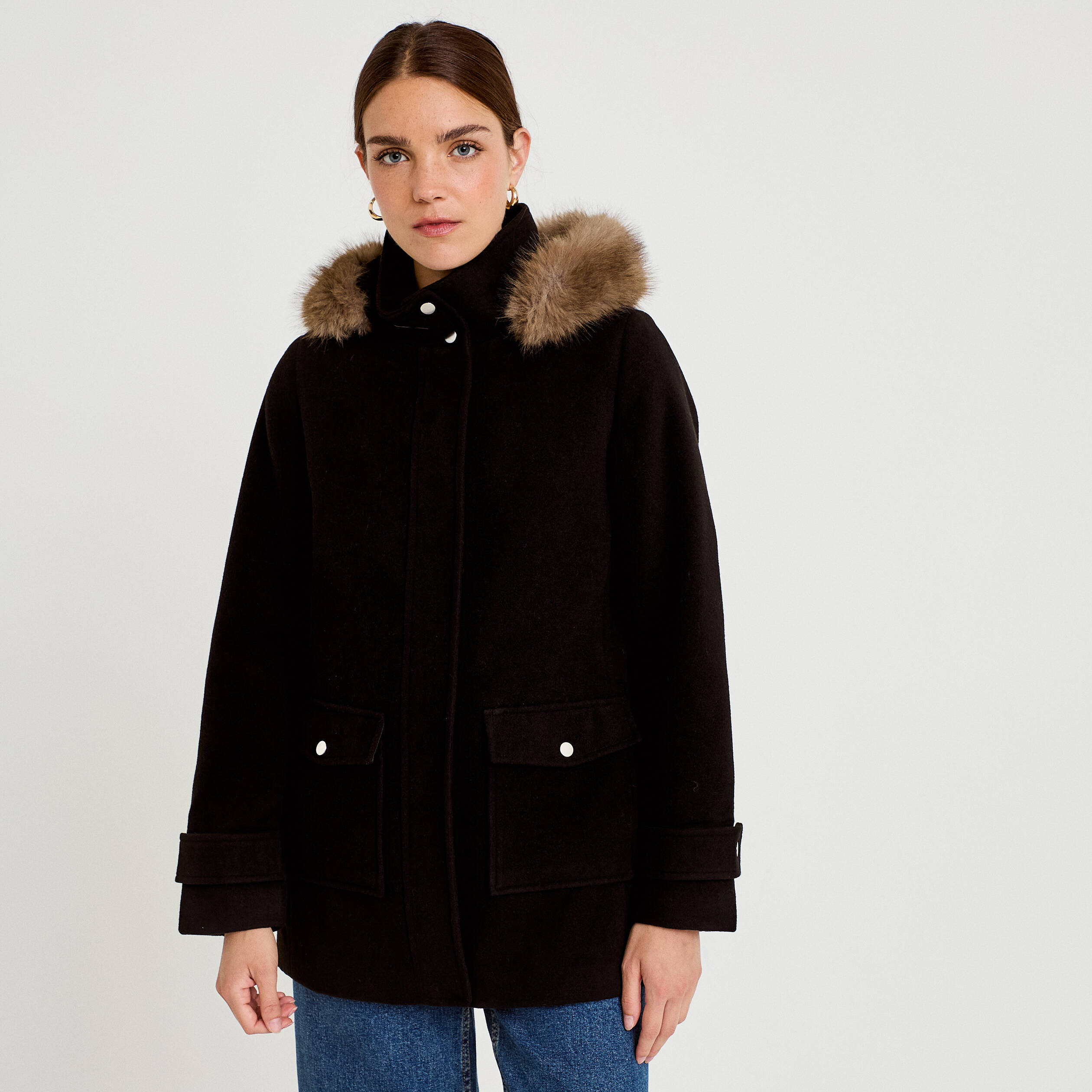 Manteau mi-long &agrave; capuche noir femme