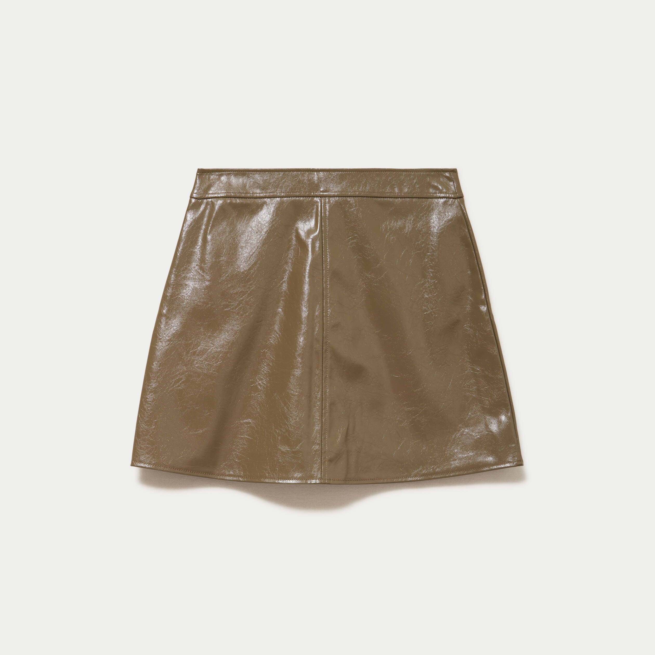 Jupe trap&egrave;ze courte en similicuir vert kaki femme