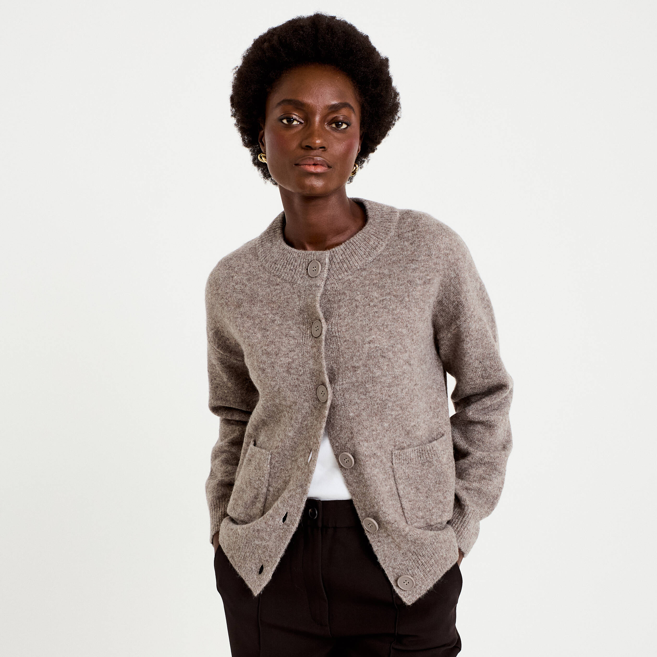Gilet ample col rond manches longues taupe femme