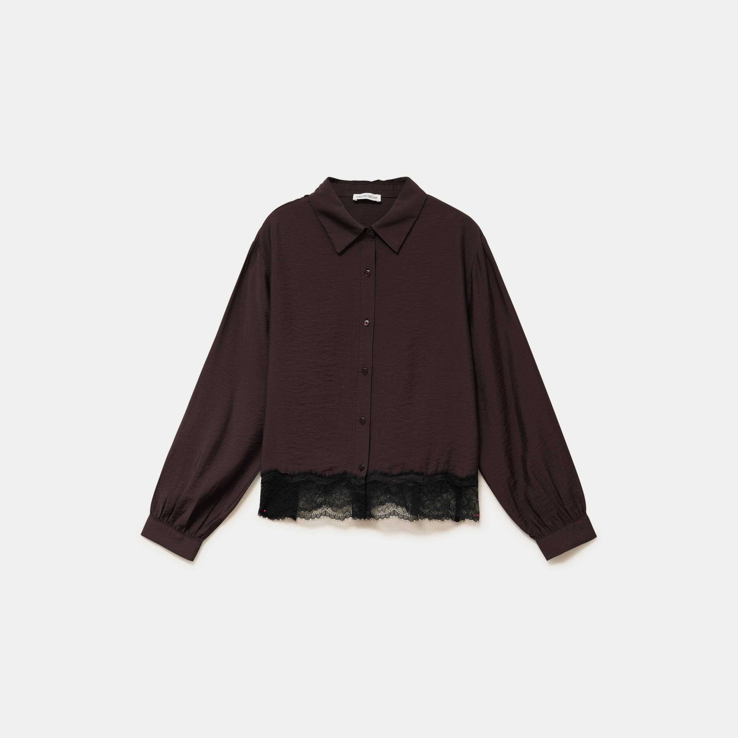 Chemise droite manches longues dentelle marron fonc&eacute; femme