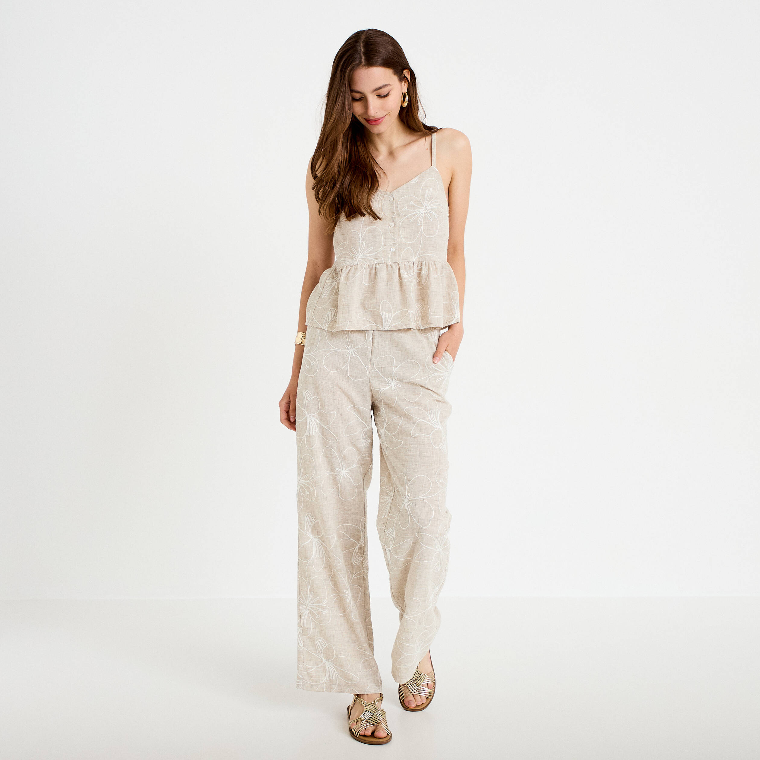 Top col v bretelles fines chin&eacute; beige femme