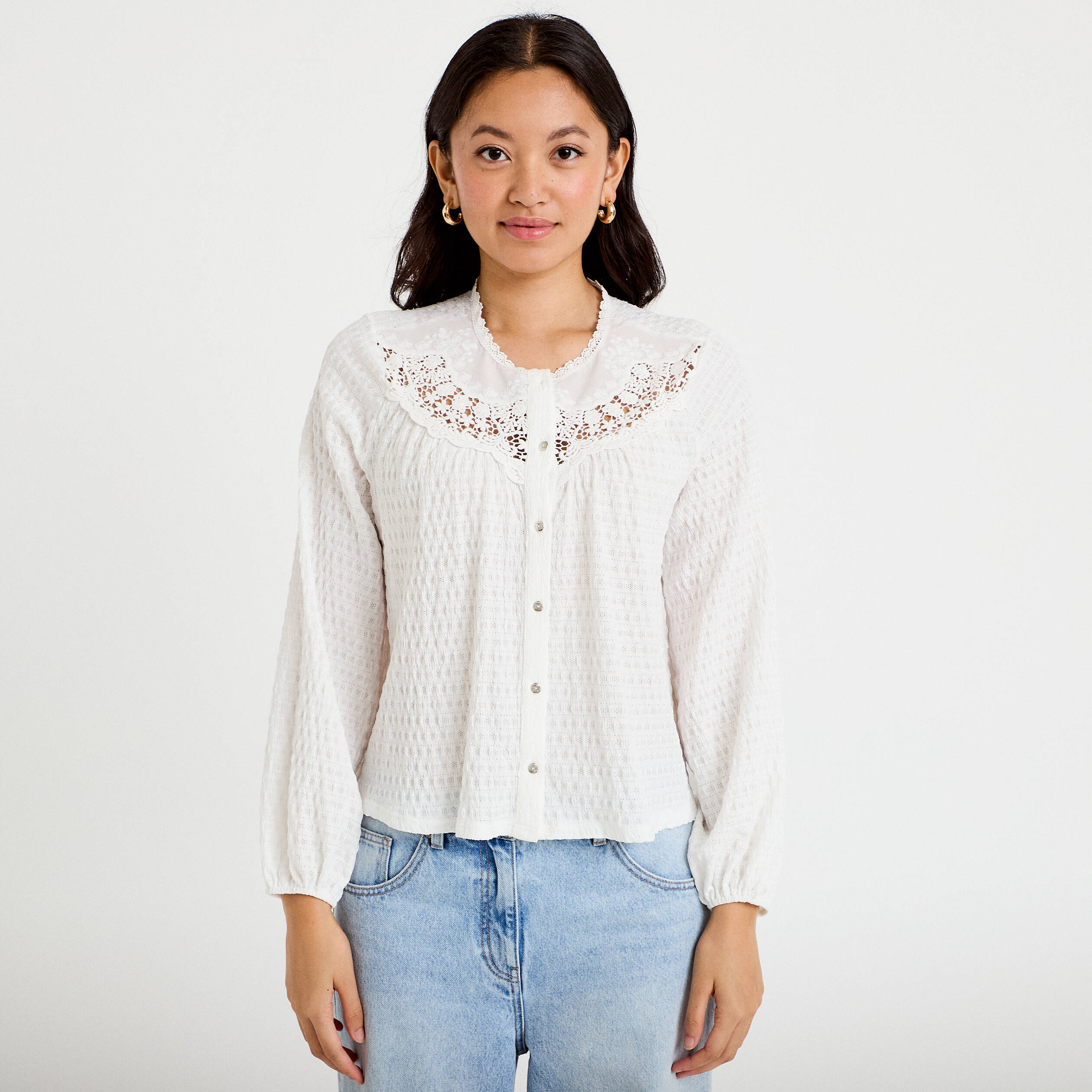 Blouse col rond manches longues ecru femme