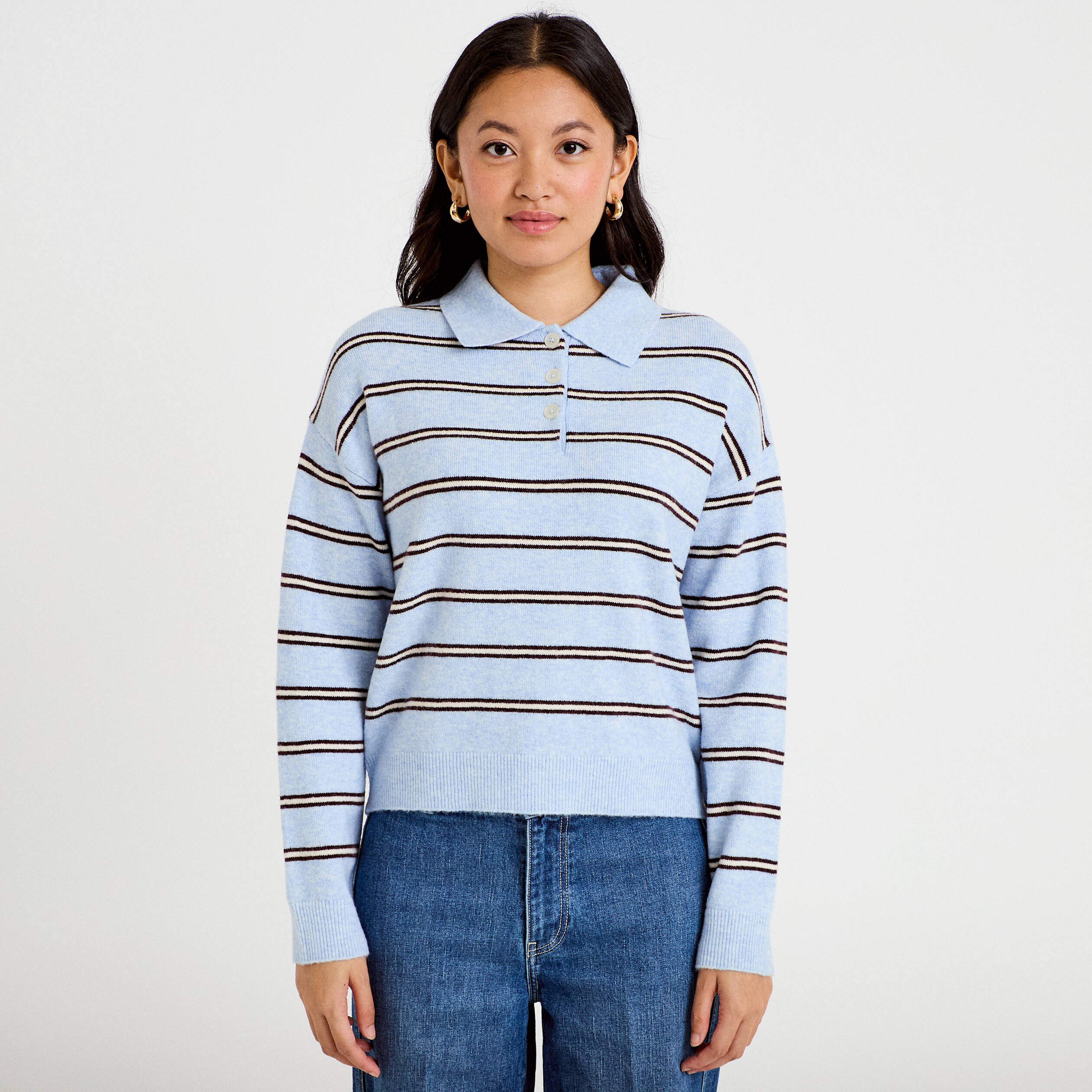 Polo manches longues col chemise bleu ciel femme