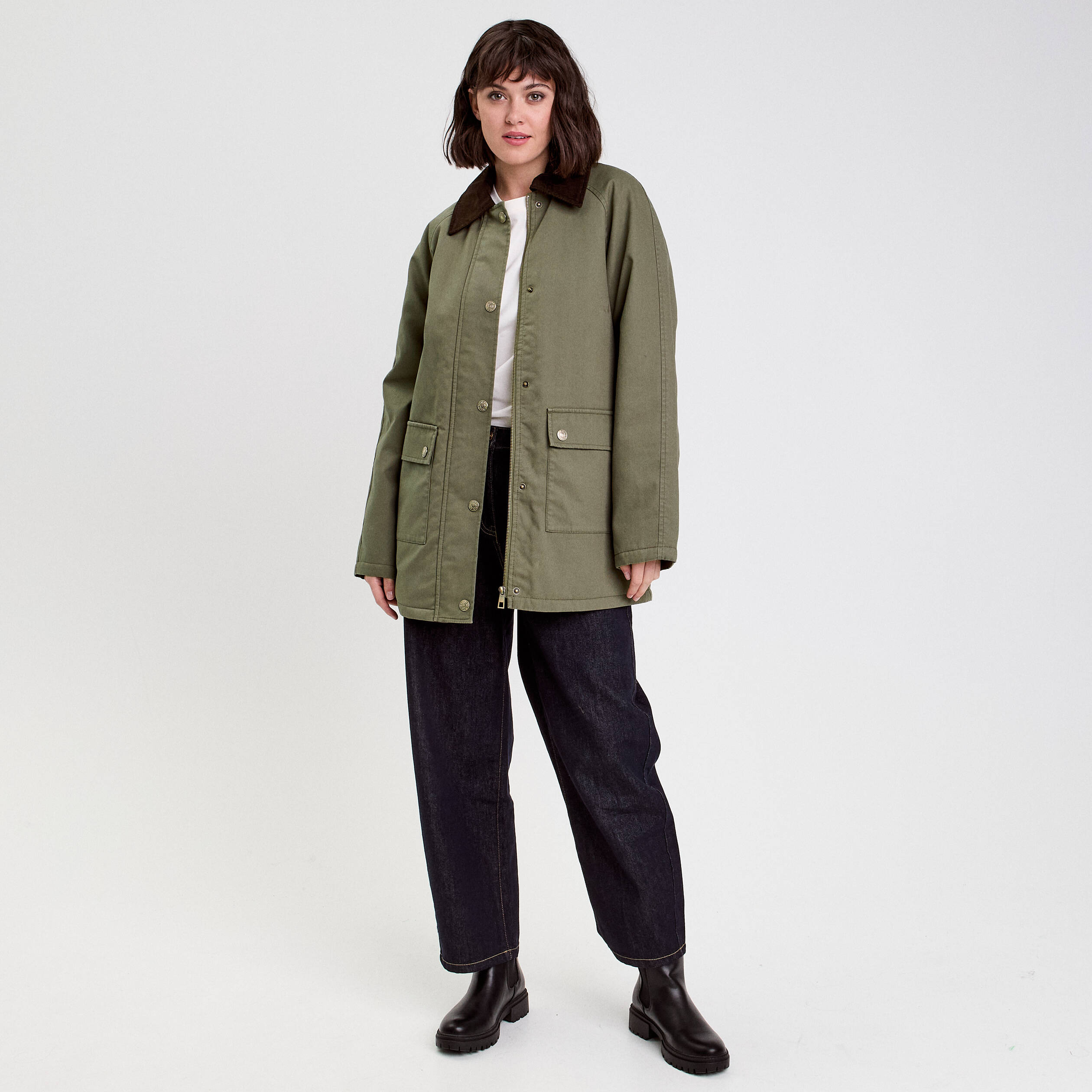 Veste droite mi-longue en coton vert kaki femme