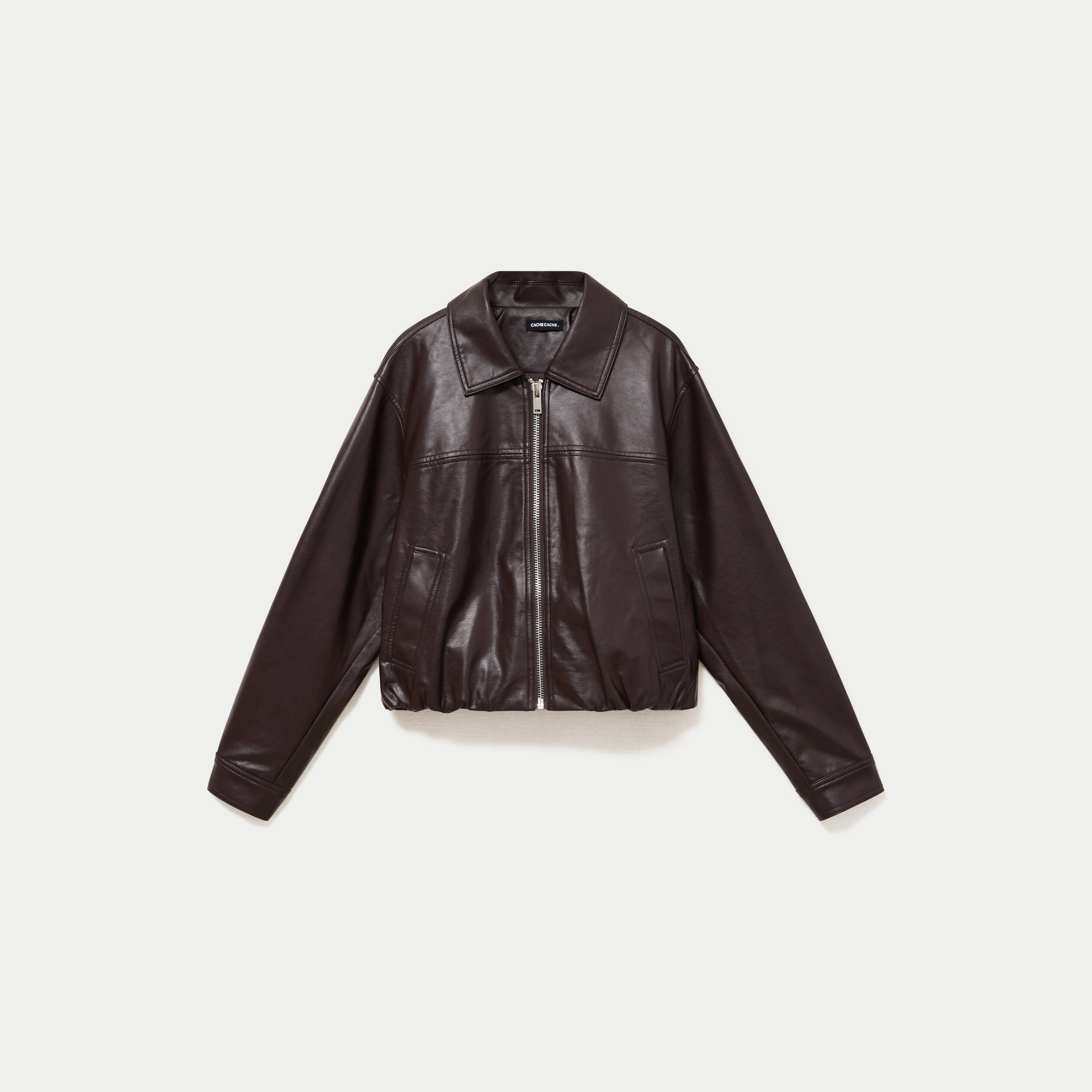 Veste effet boule manches longues marron fonc&eacute; femme