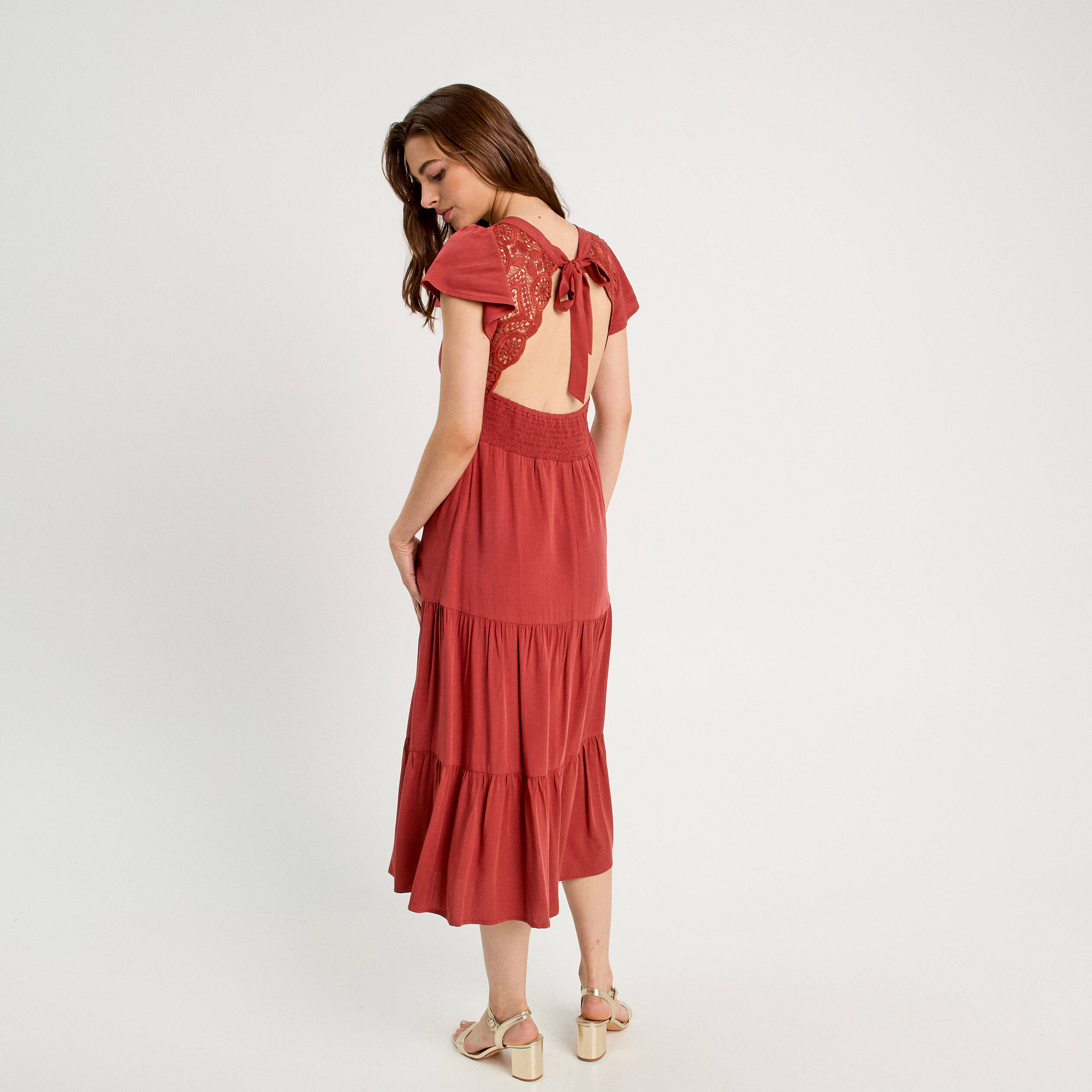 robe longue evasee col en v vieux rose femme Robe longue évasée col en V vieux rose femme
