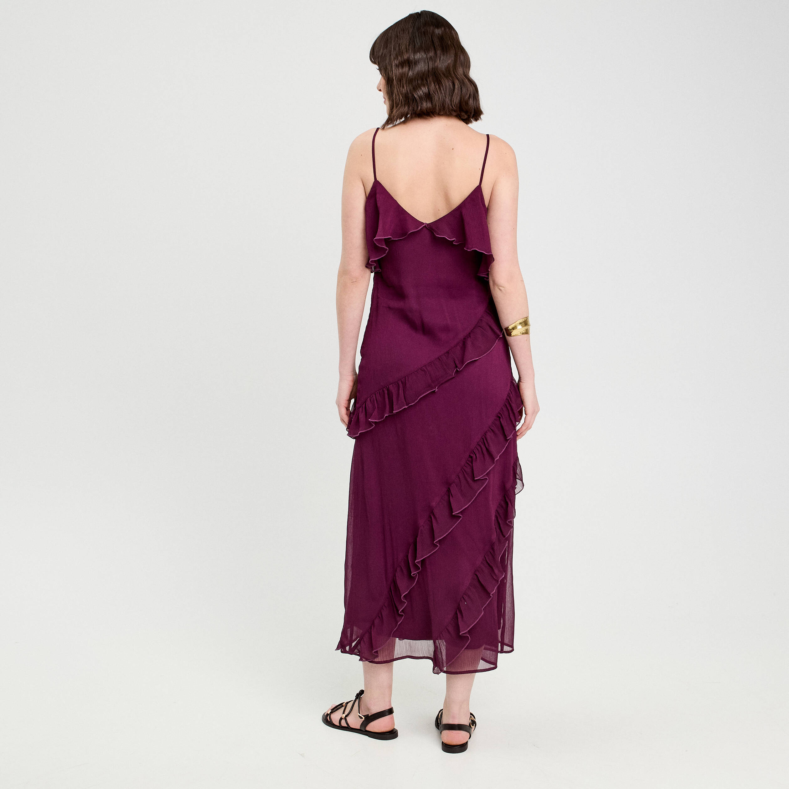 robe longue droite volants prune femme Robe longue droite volants prune femme