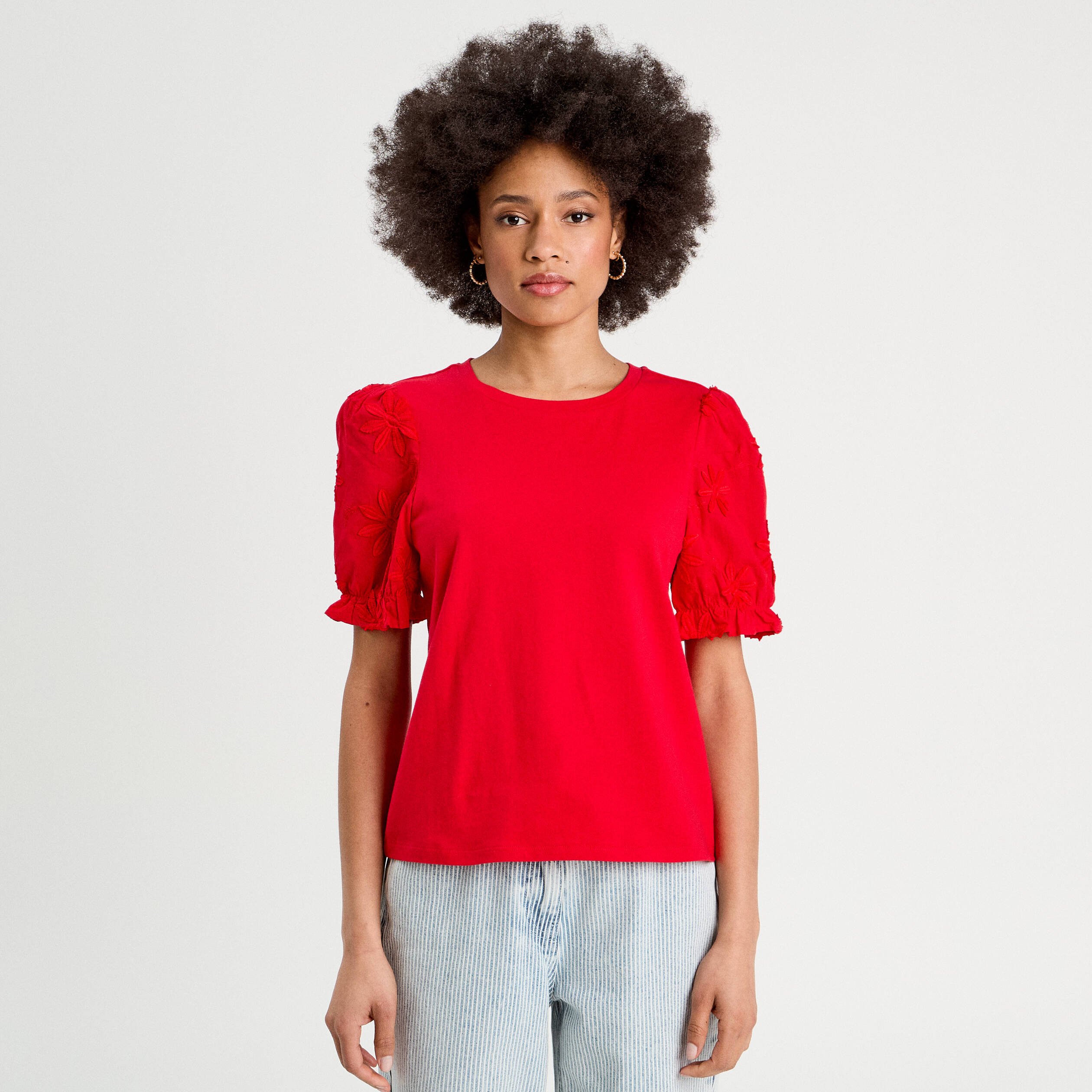 t shirt manches brodees rouge femme T-shirt manches brodées rouge femme