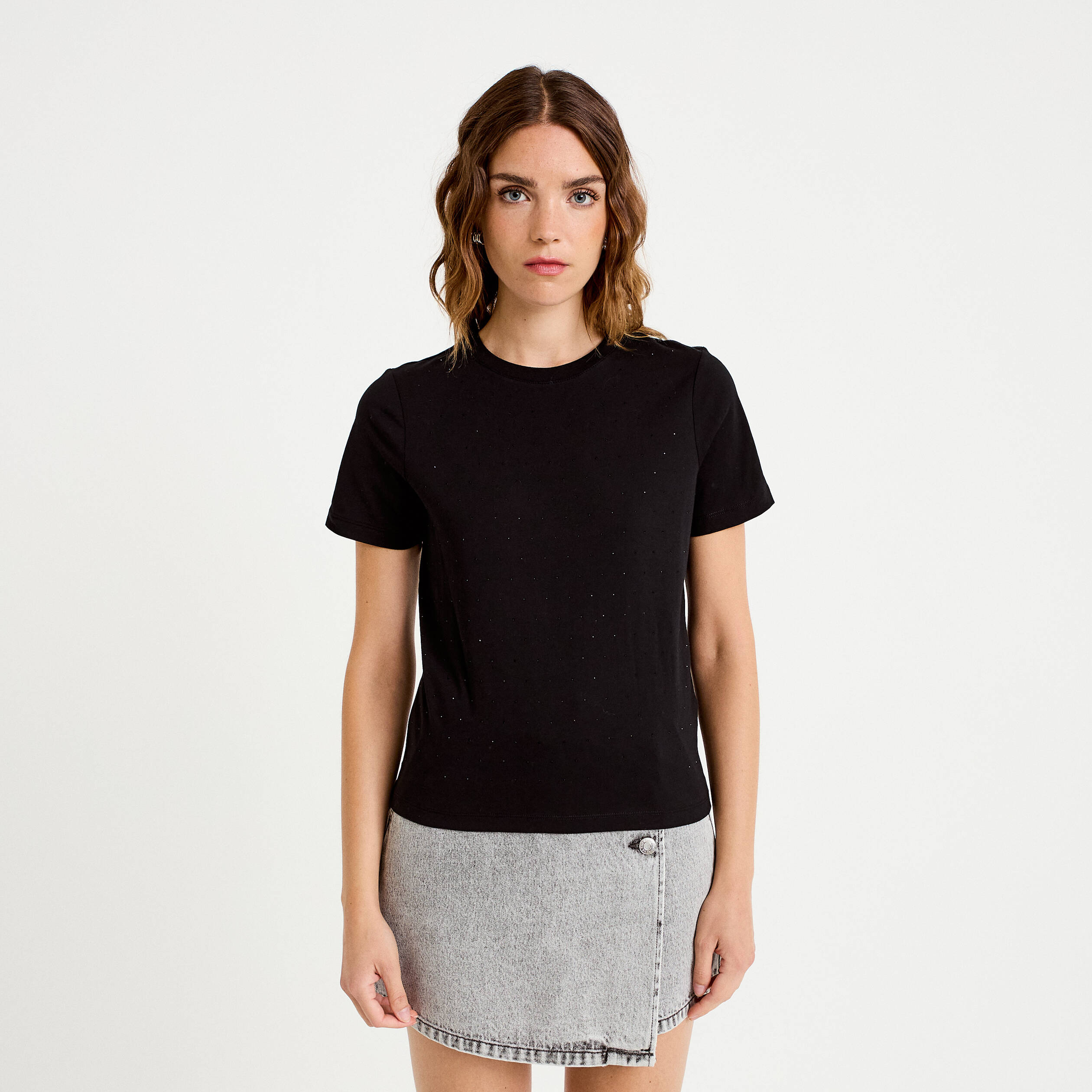 T-shirt &agrave; strass manches courtes noir femme