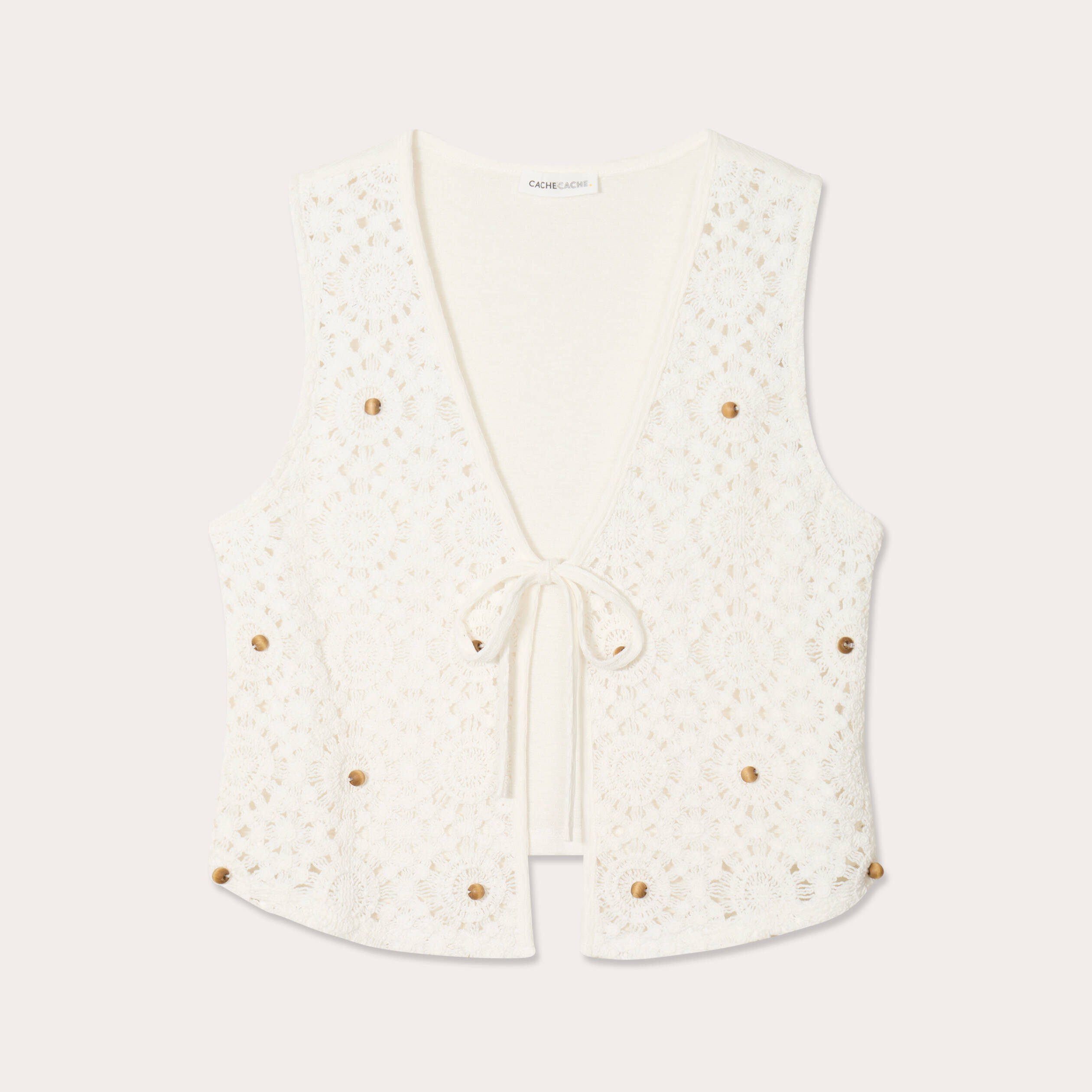 Gilet nou&eacute; effet crochet ecru femme
