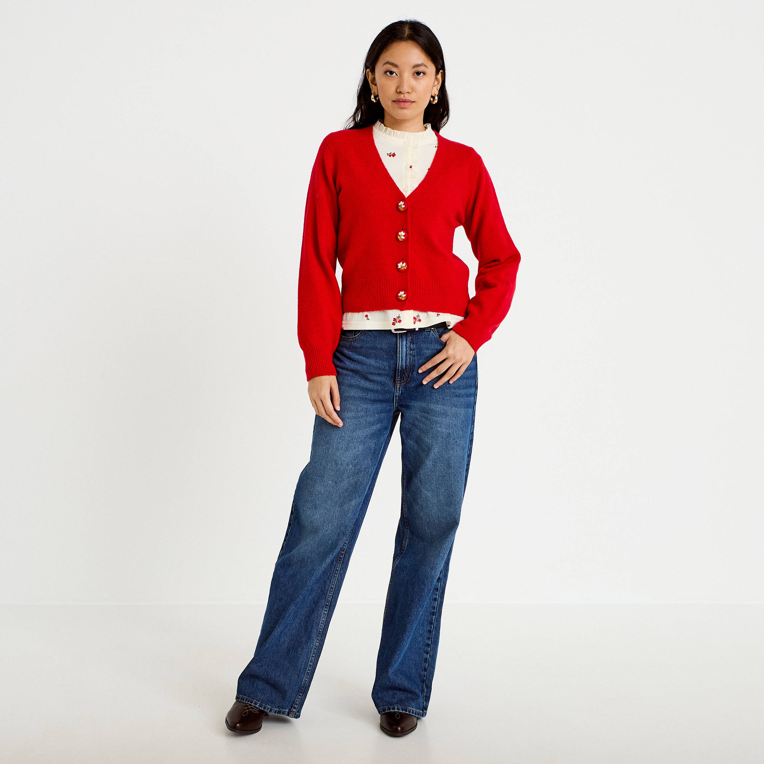 Gilet col v broderie manches longues rouge femme