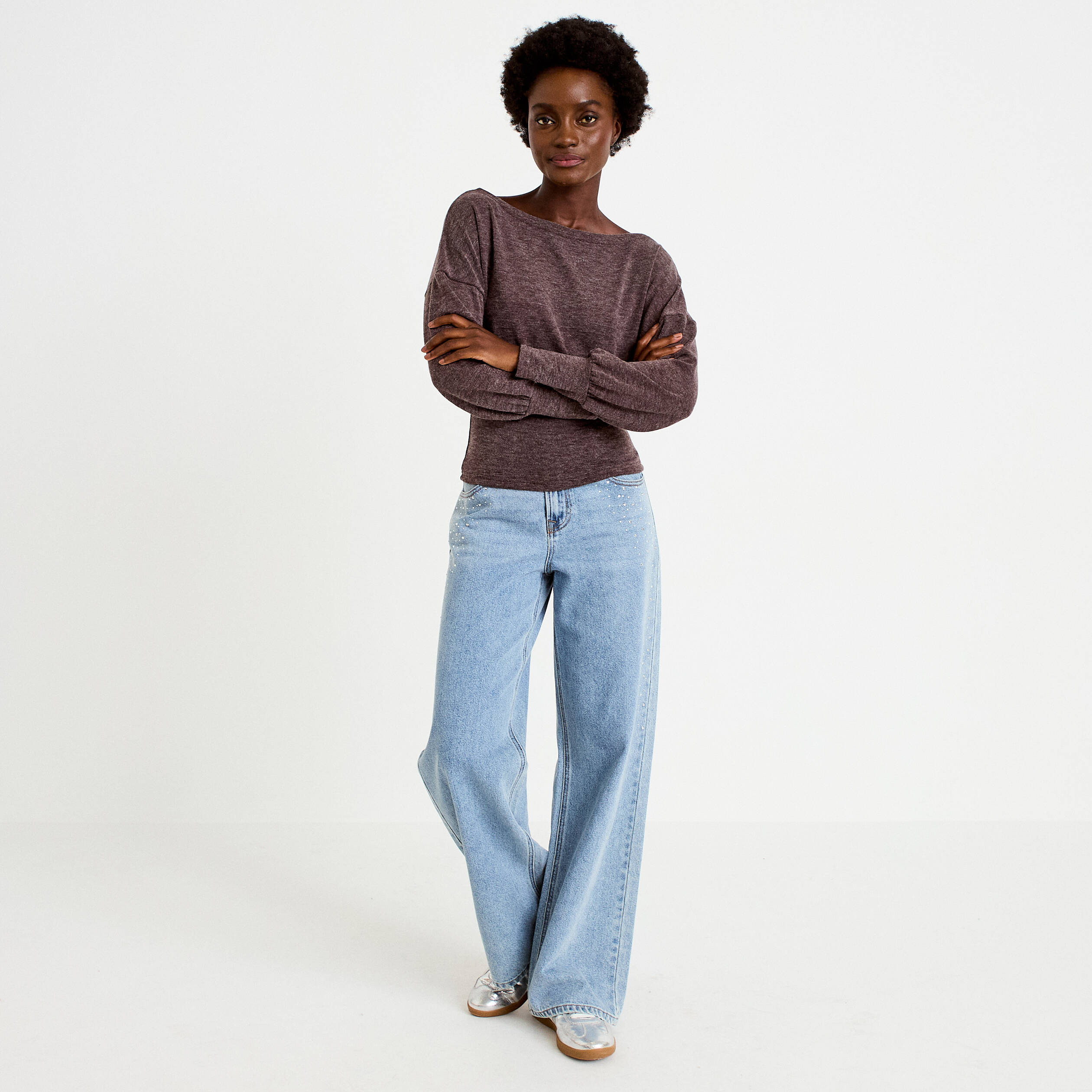 Pull col bateau manches longues marron fonc&eacute; femme
