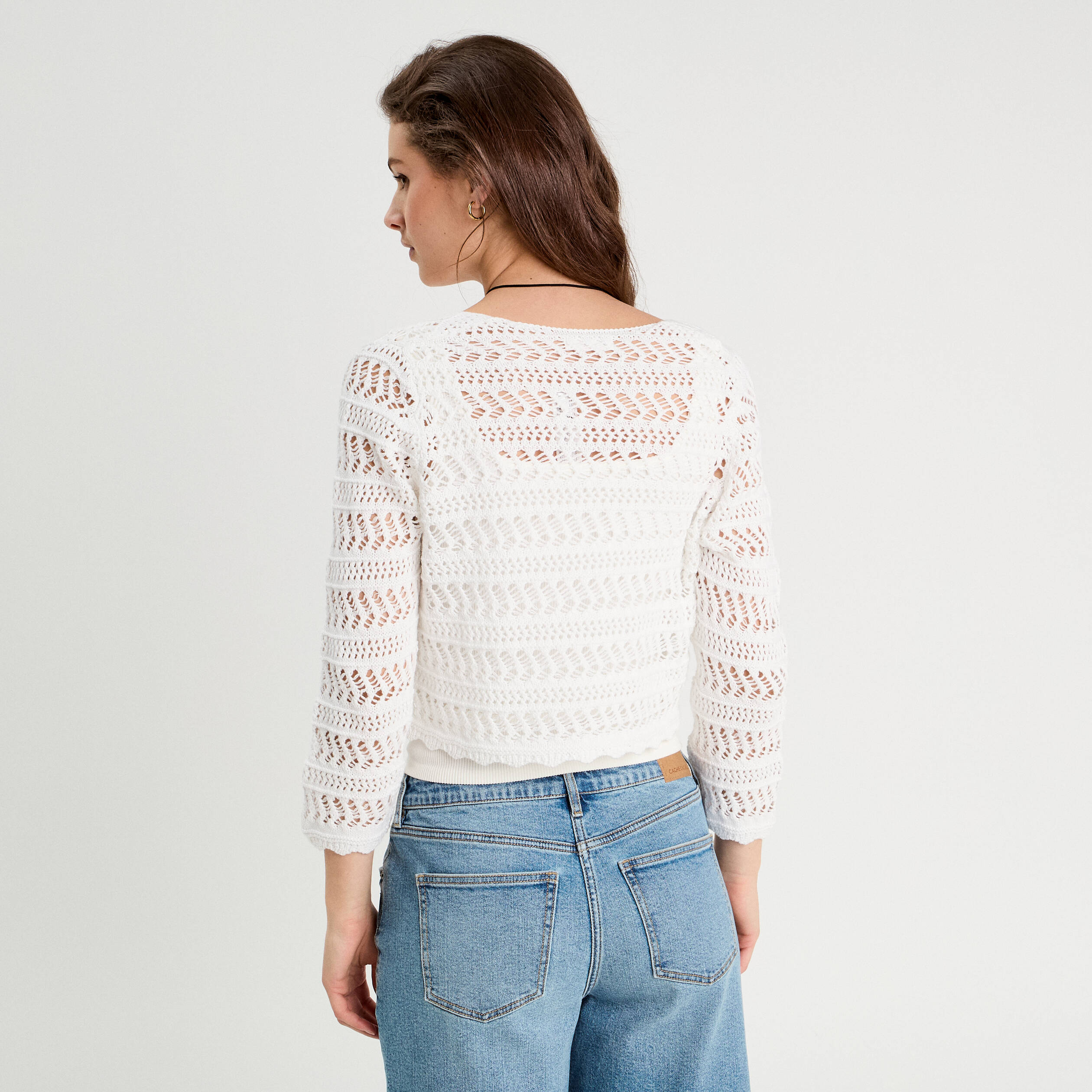 Gilet manches 3/4 ajour&eacute; blanc femme