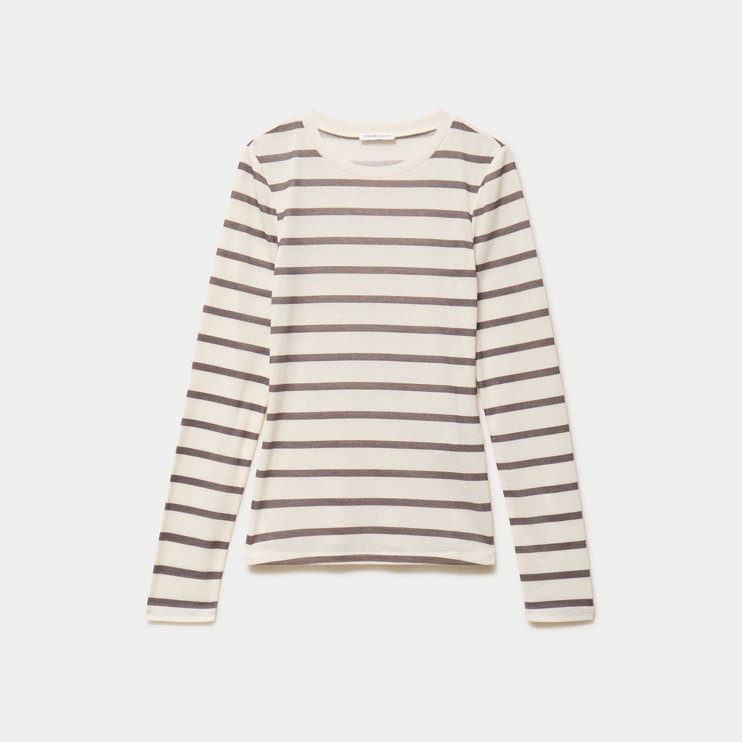 T-shirt ajust&eacute; col rond manches longues ivoire femme