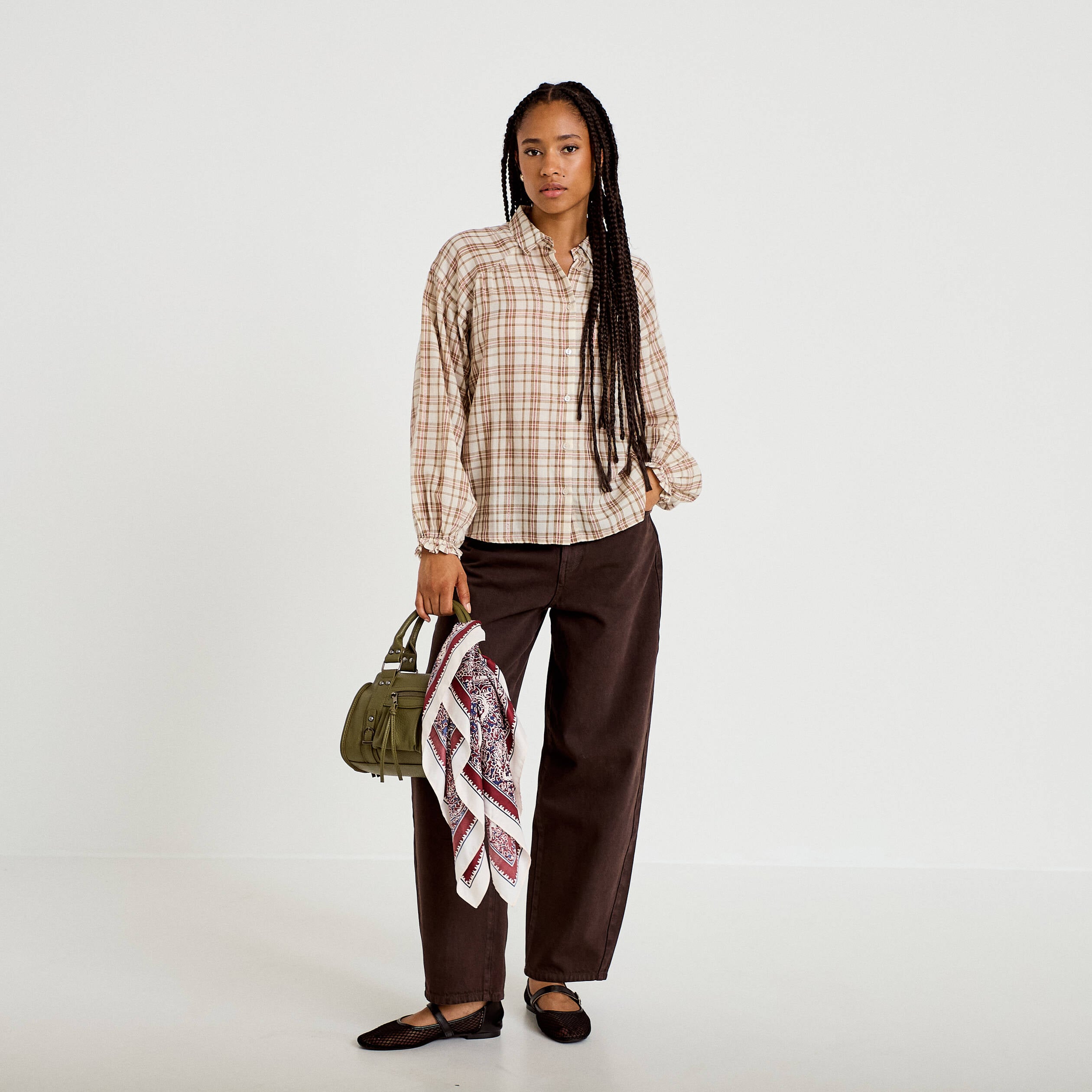 Chemise coupe ample manches longues marron femme