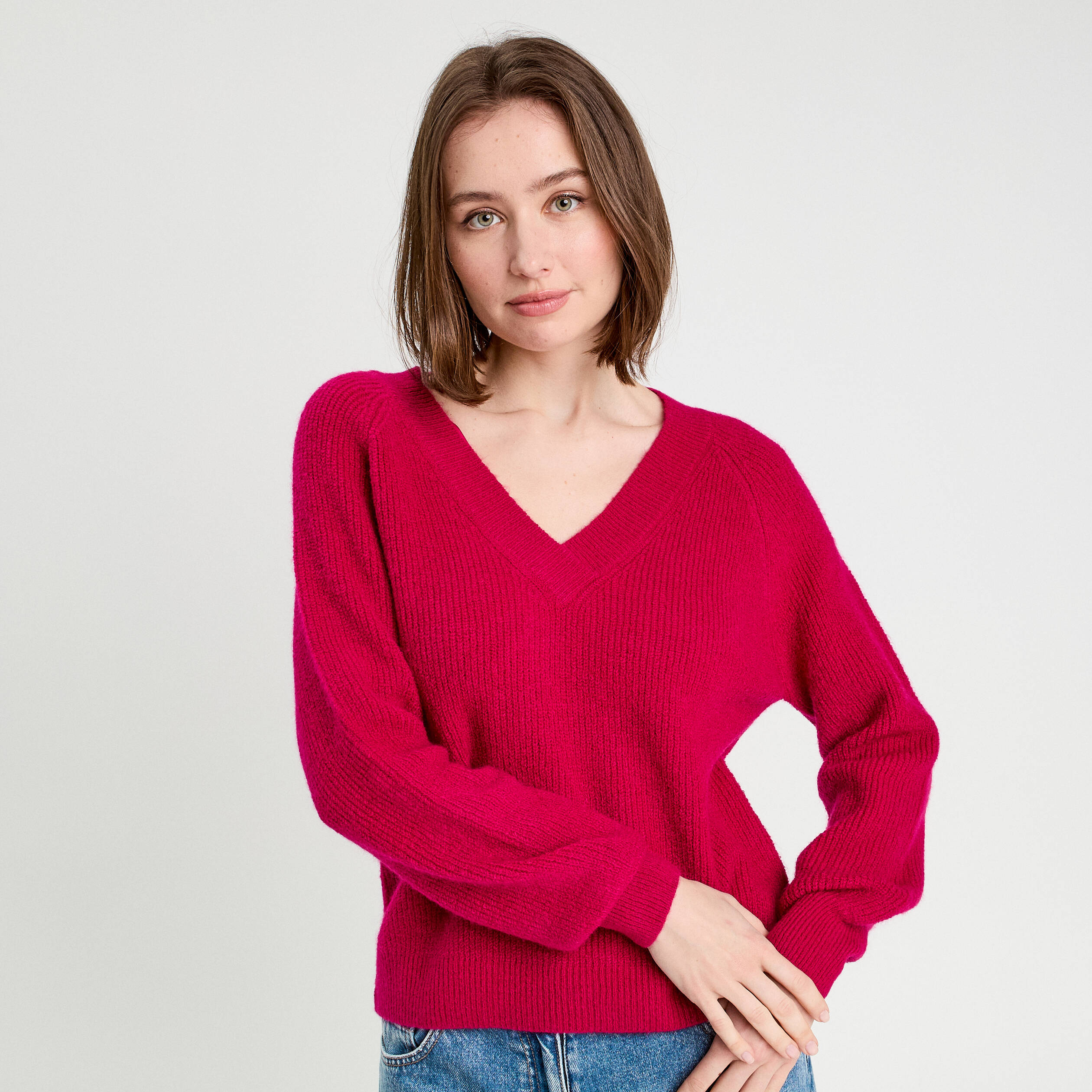 Pull Long En Maille A Col En V Rose A Fleurs Desigual Pour Femme