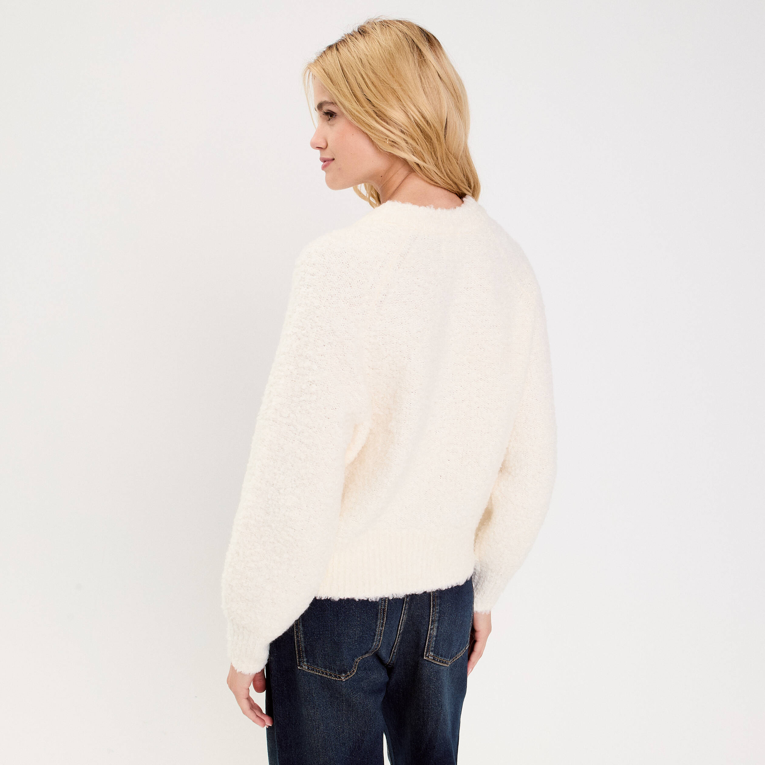 Gilet bouclette col rond manches longues ivoire femme