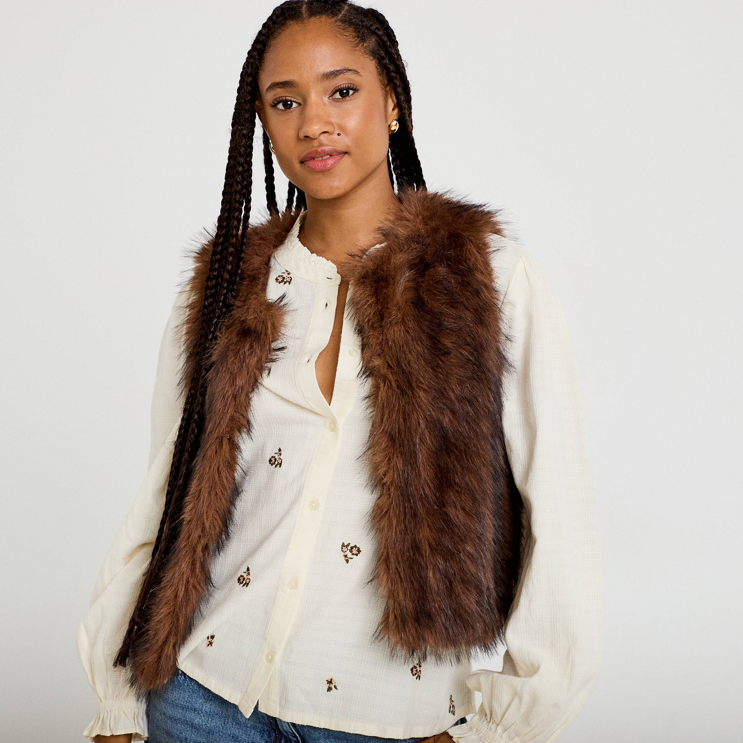 Gilet sans manches fausse fourrure marron femme