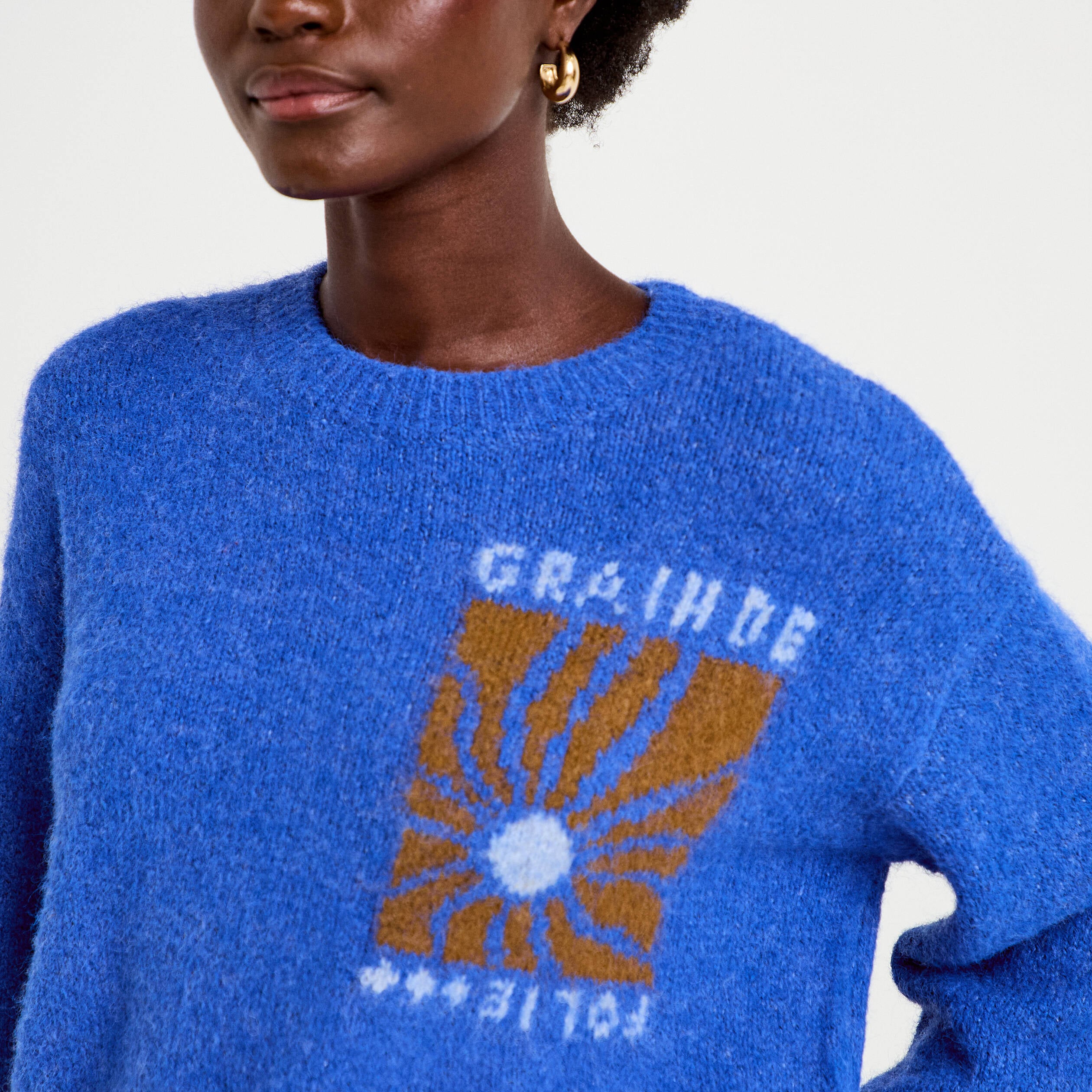 Pull ample col rond manches longues bleu electrique femme