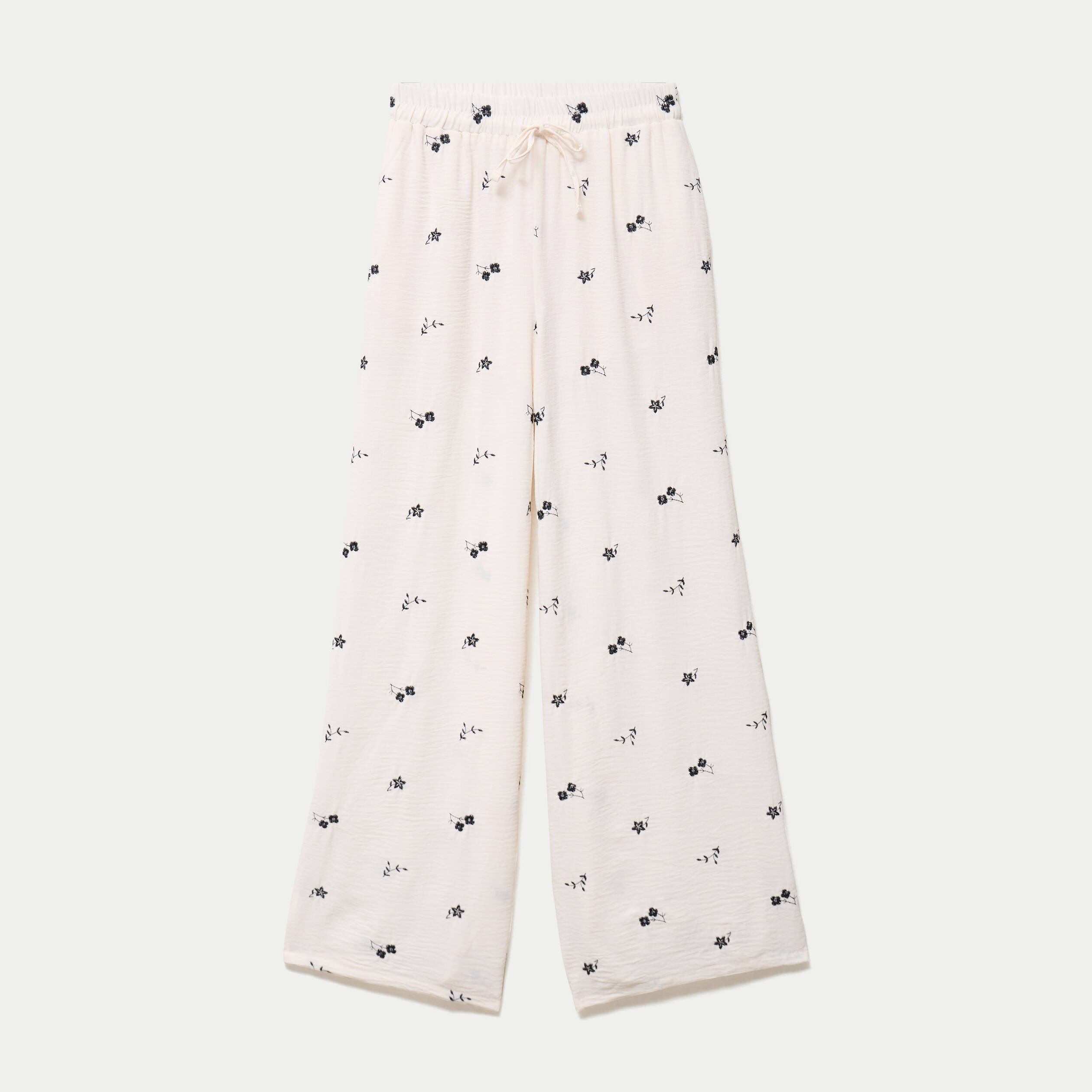 Pantalon large brod&eacute; taille standard blanc femme