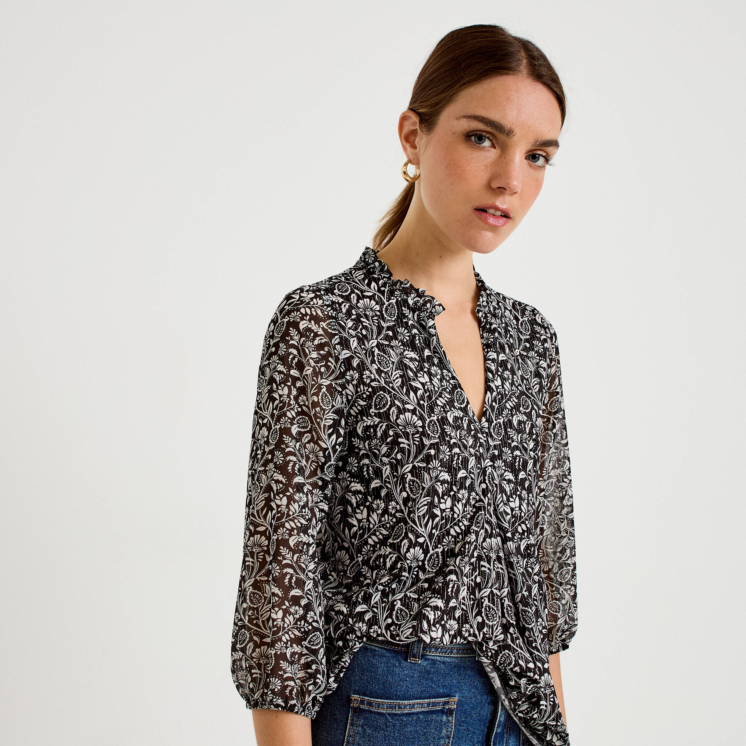 Blouse col v manches 3/4 noir femme