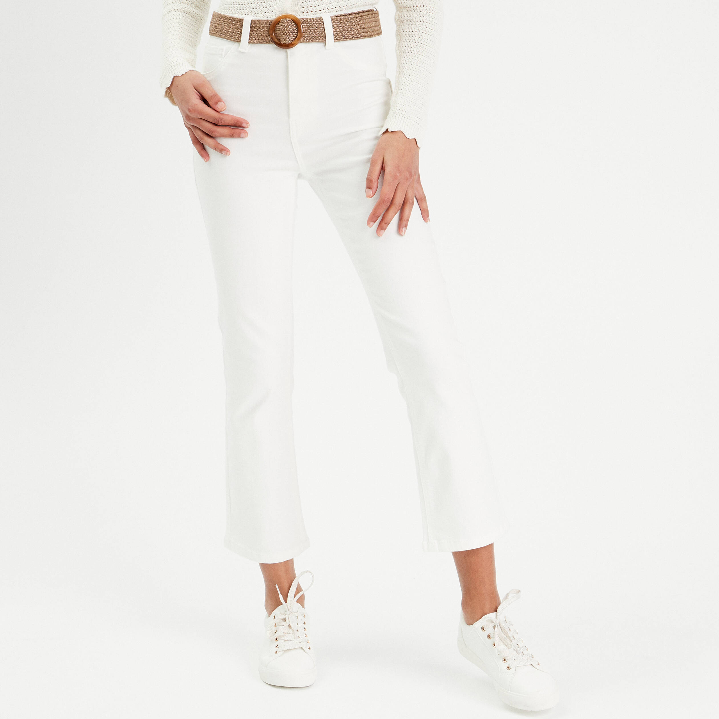 Jean bootcut cropped taille haute ecru femme