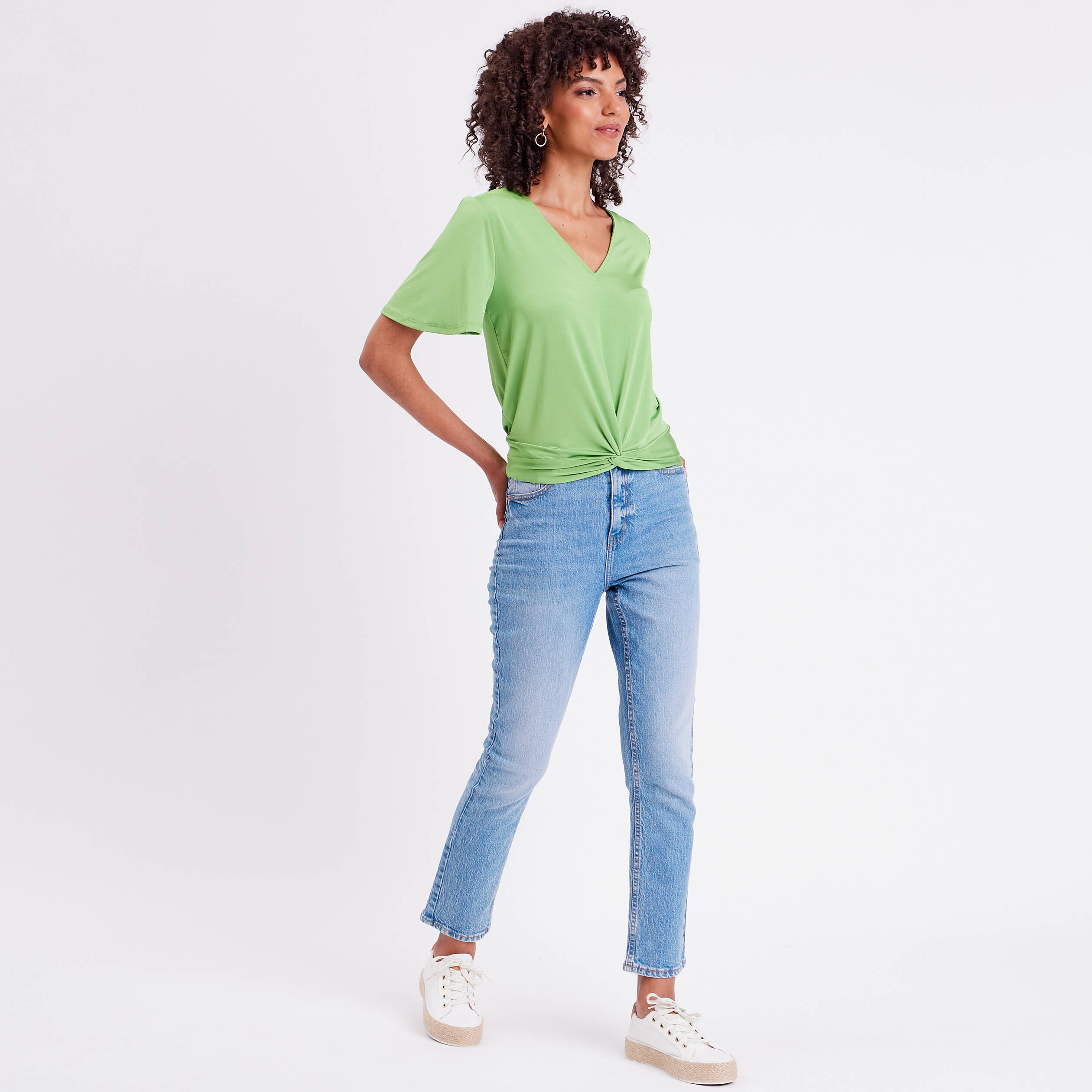 Blouse satin taille nou&eacute;e vert femme
