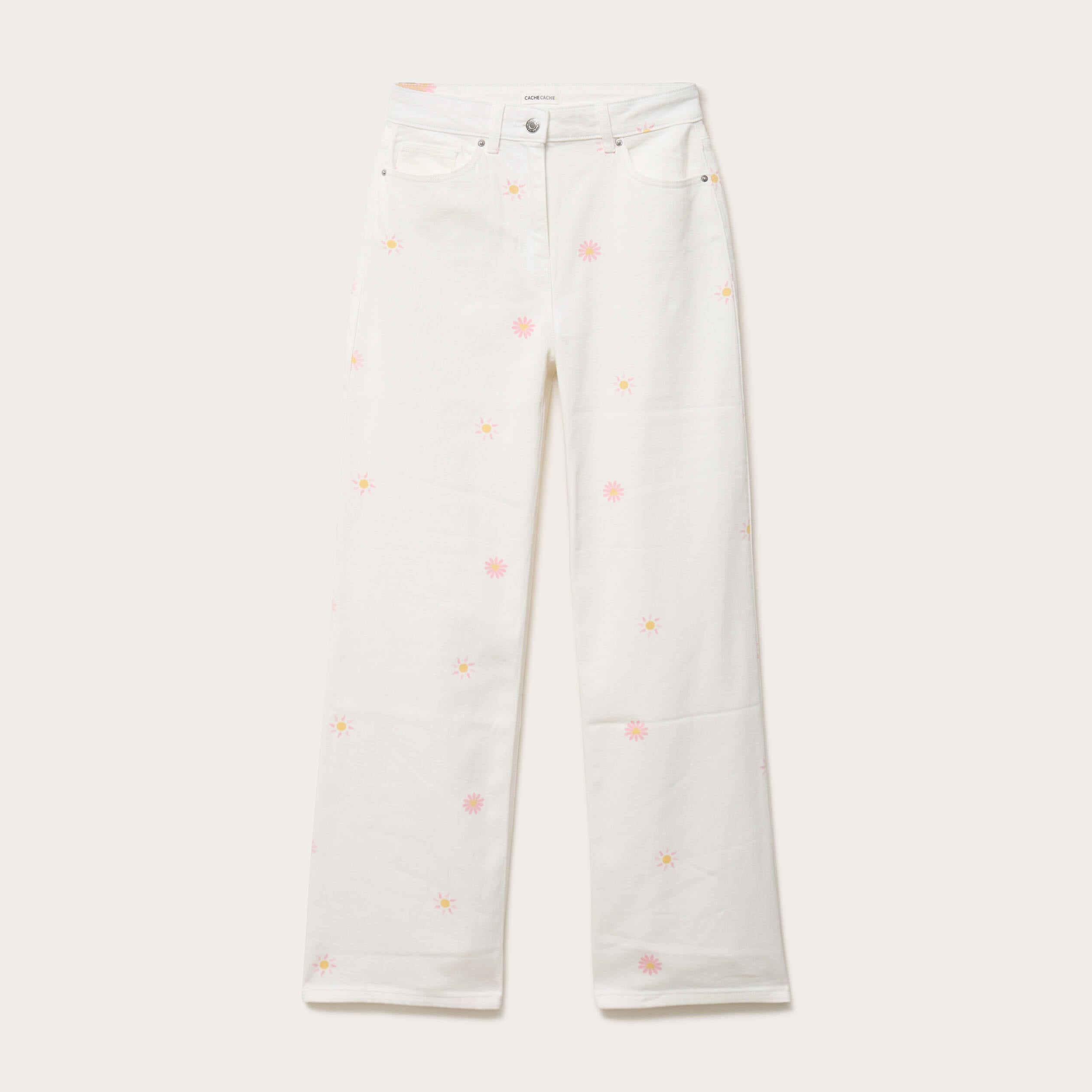 Jean wide leg taille haute &agrave; motif blanc femme