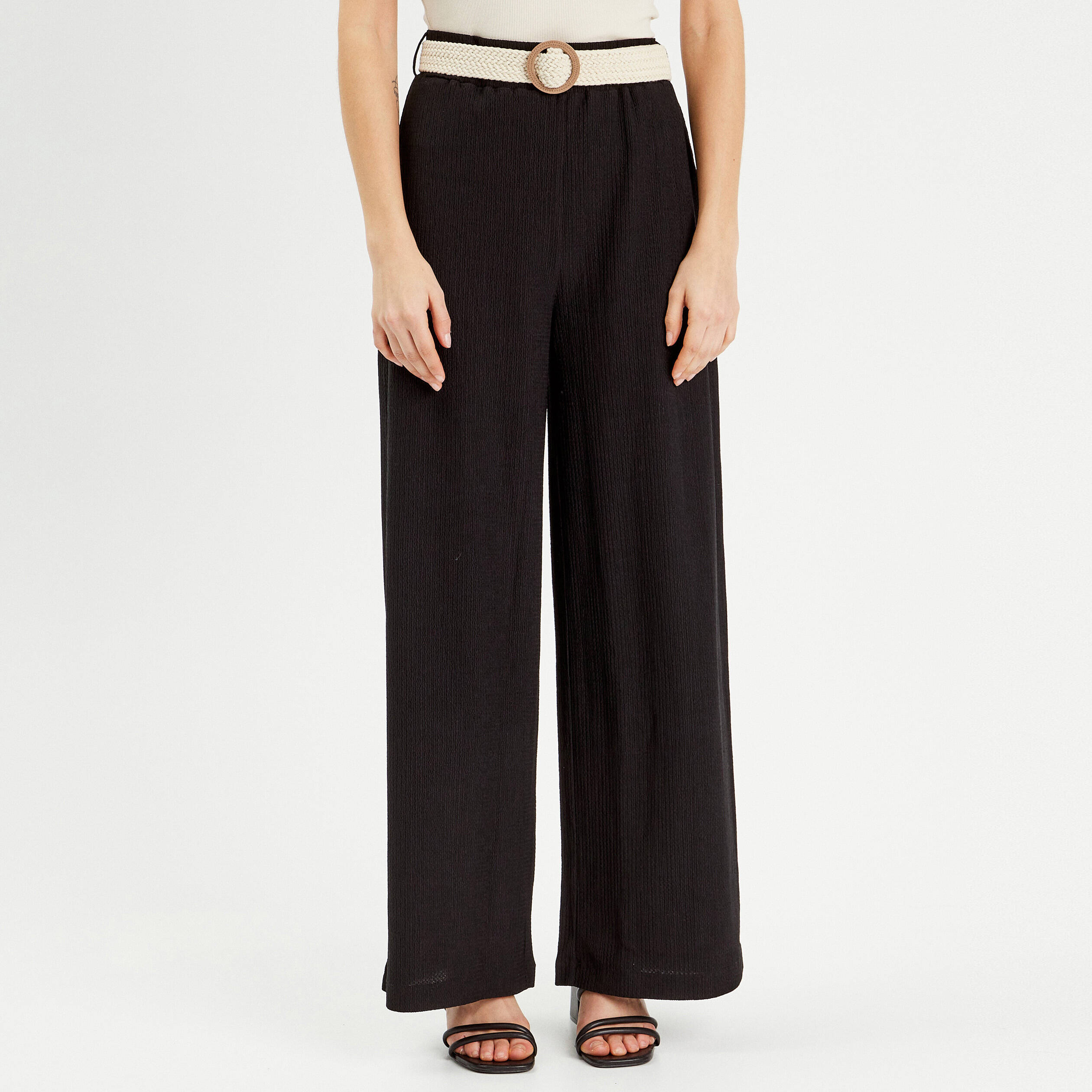 Pantalon large fluide ceintur&eacute; noir femme