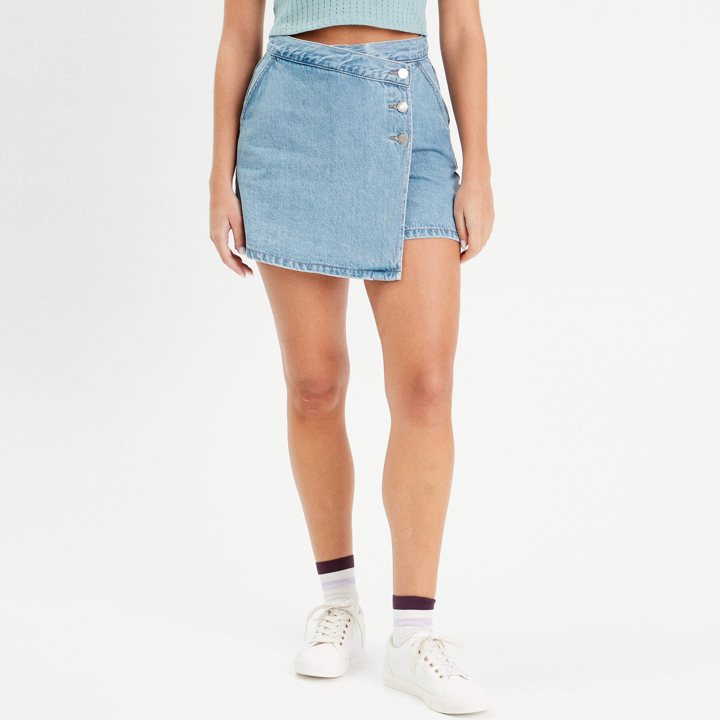 Jupe-short droite en jean denim double stone femme
