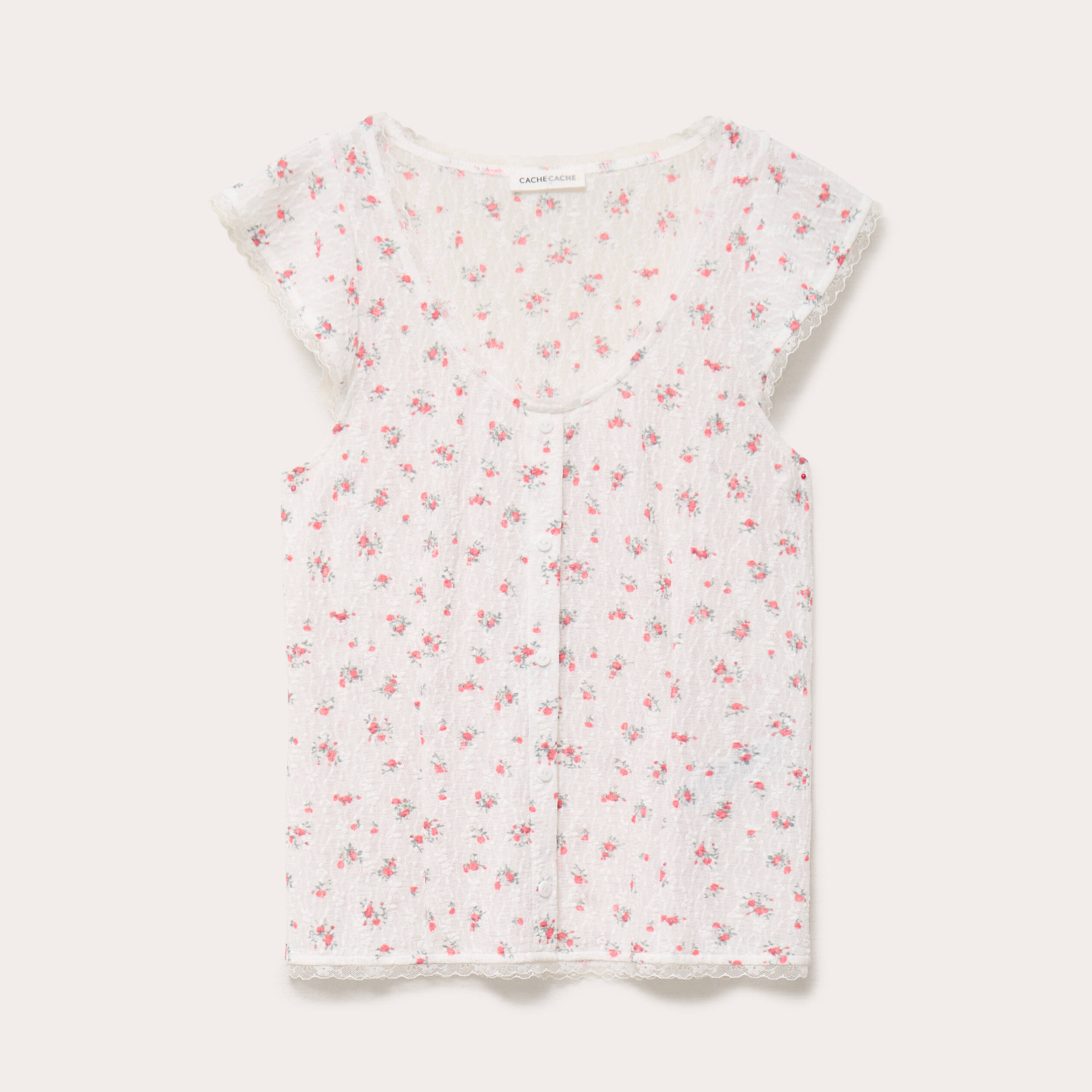 Top boutonn&eacute; d&eacute;tails dentelle blanc femme