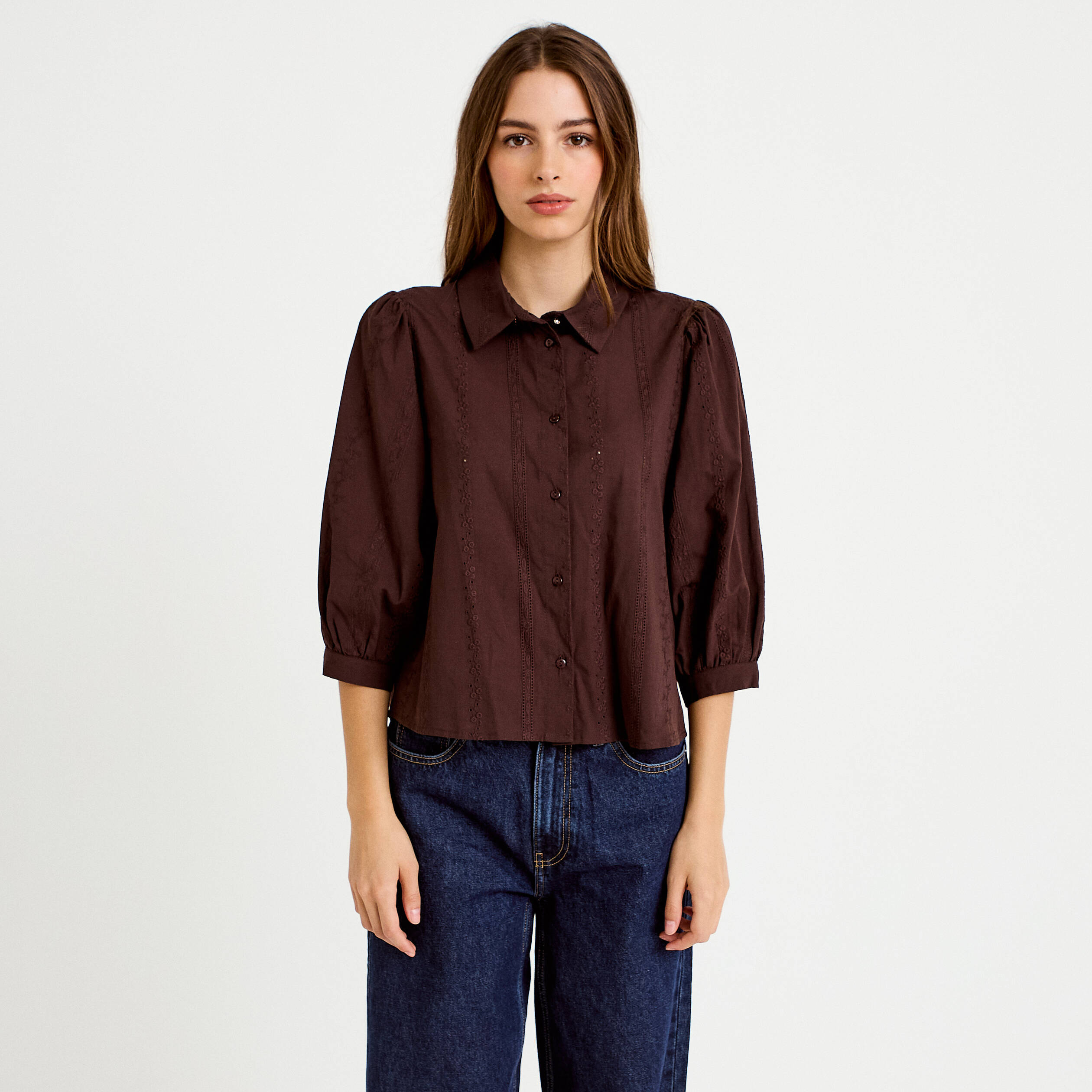 Chemise droite col classique manches 3/4 marron fonc&eacute; femme