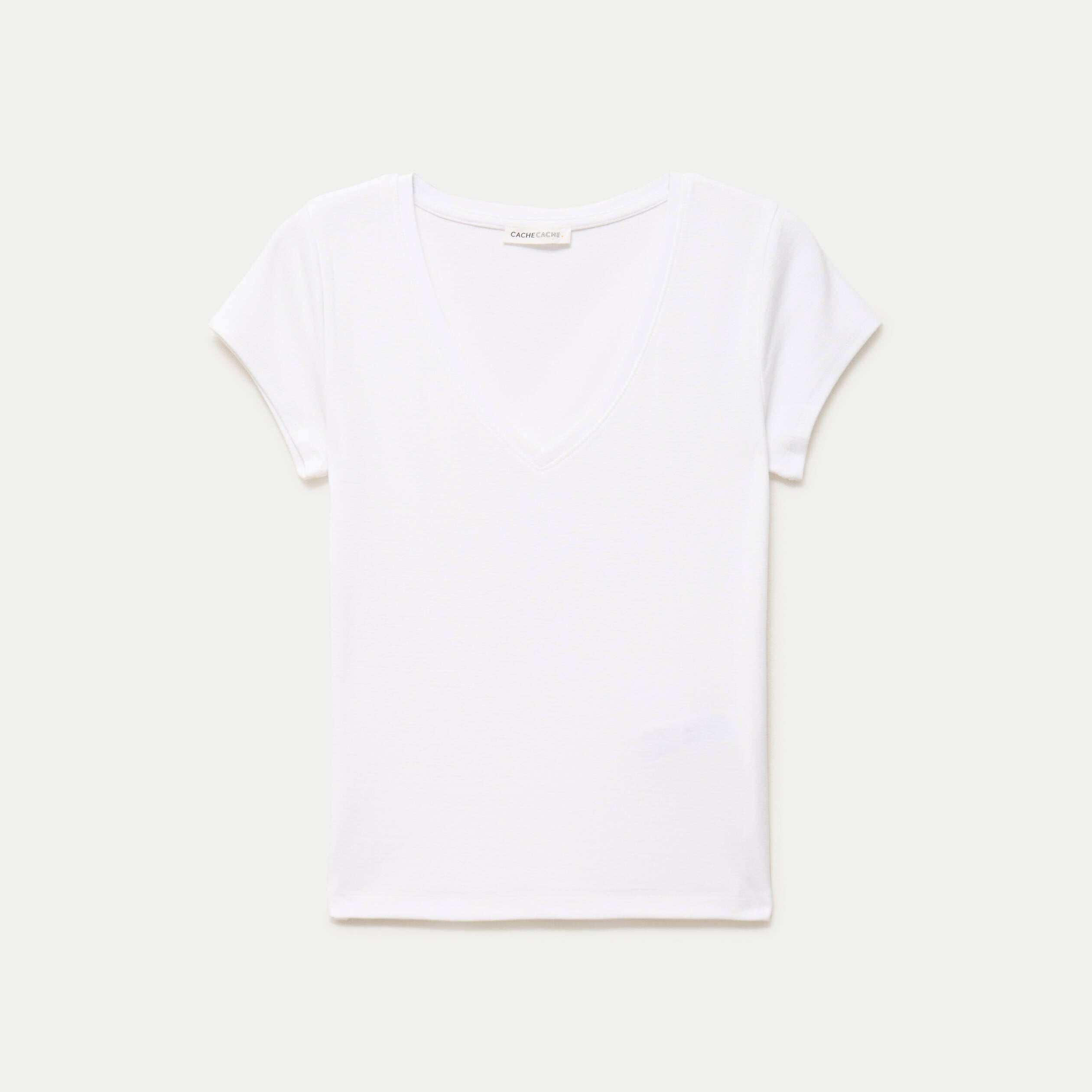 T-shirt ajust&eacute; col v manches courtes blanc femme