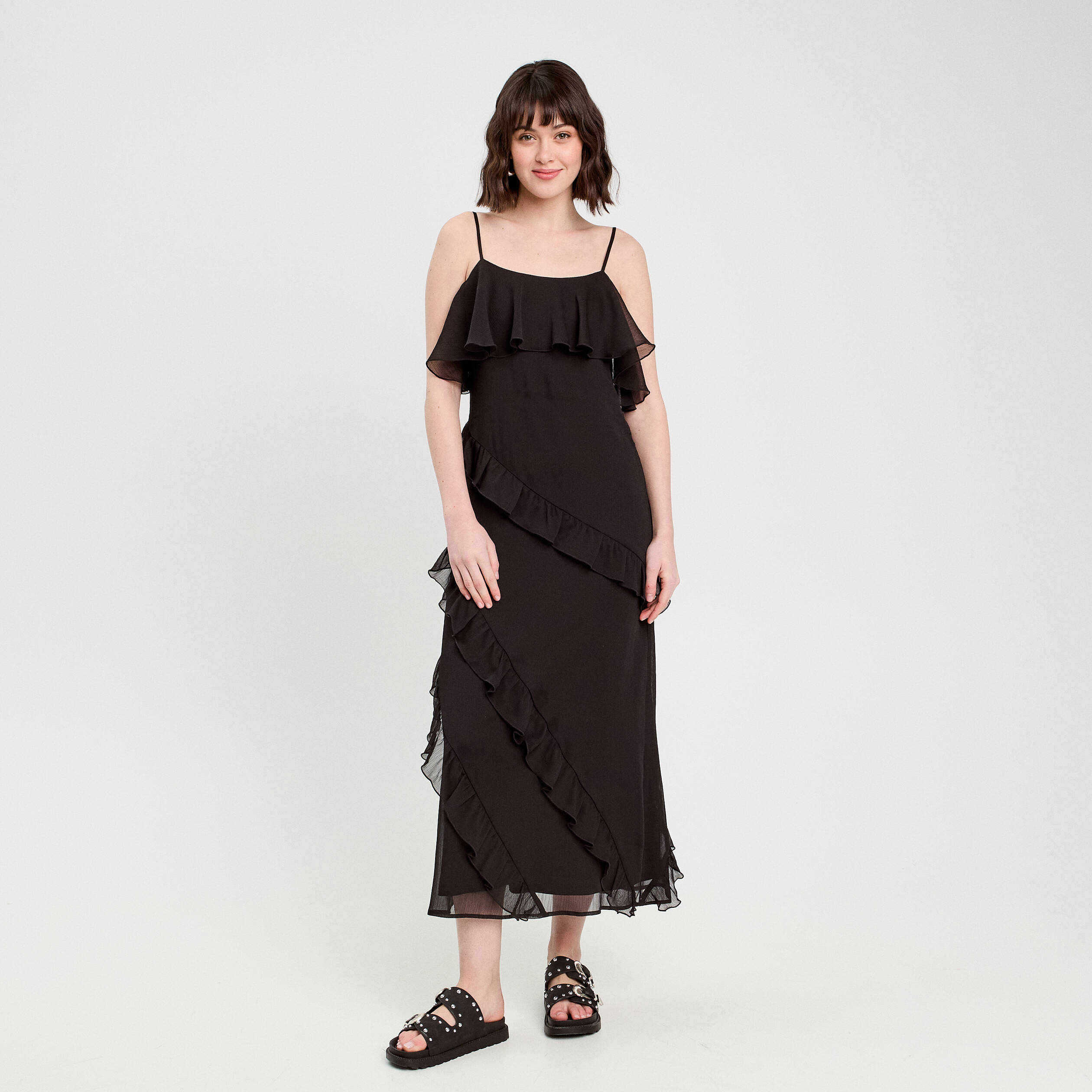 robe longue droite volants noir femme Robe longue droite volants noir femme