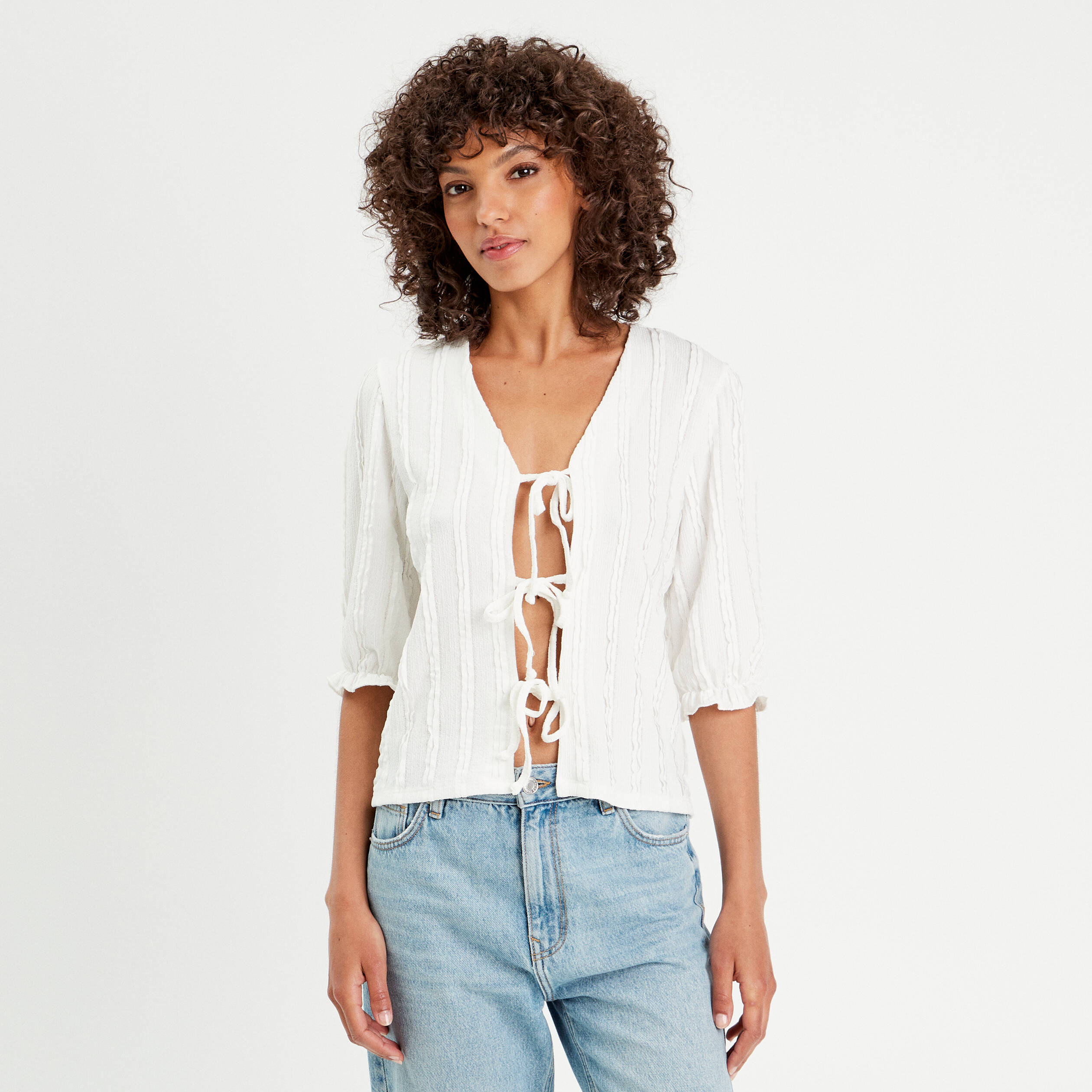 Blouse manches 3/4 nou&eacute;e ecru femme